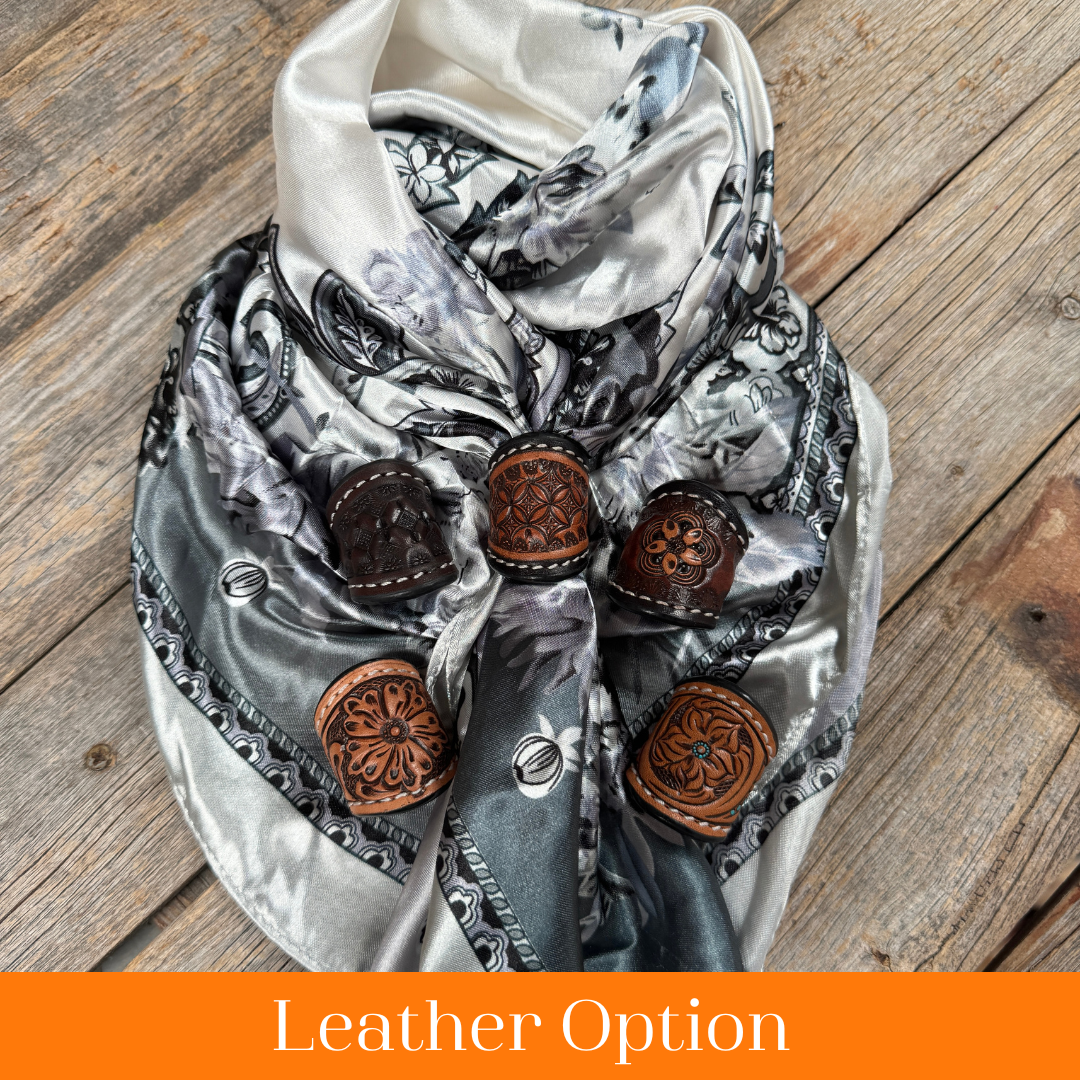 35X35" Silver & White Paisley Wild Rag / Scarf WR172 - Tooled Leather Wild Rag Slides - Assorted