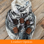 35X35" Silver & White Paisley Wild Rag / Scarf WR172 - Tooled Leather Wild Rag Slides - Assorted