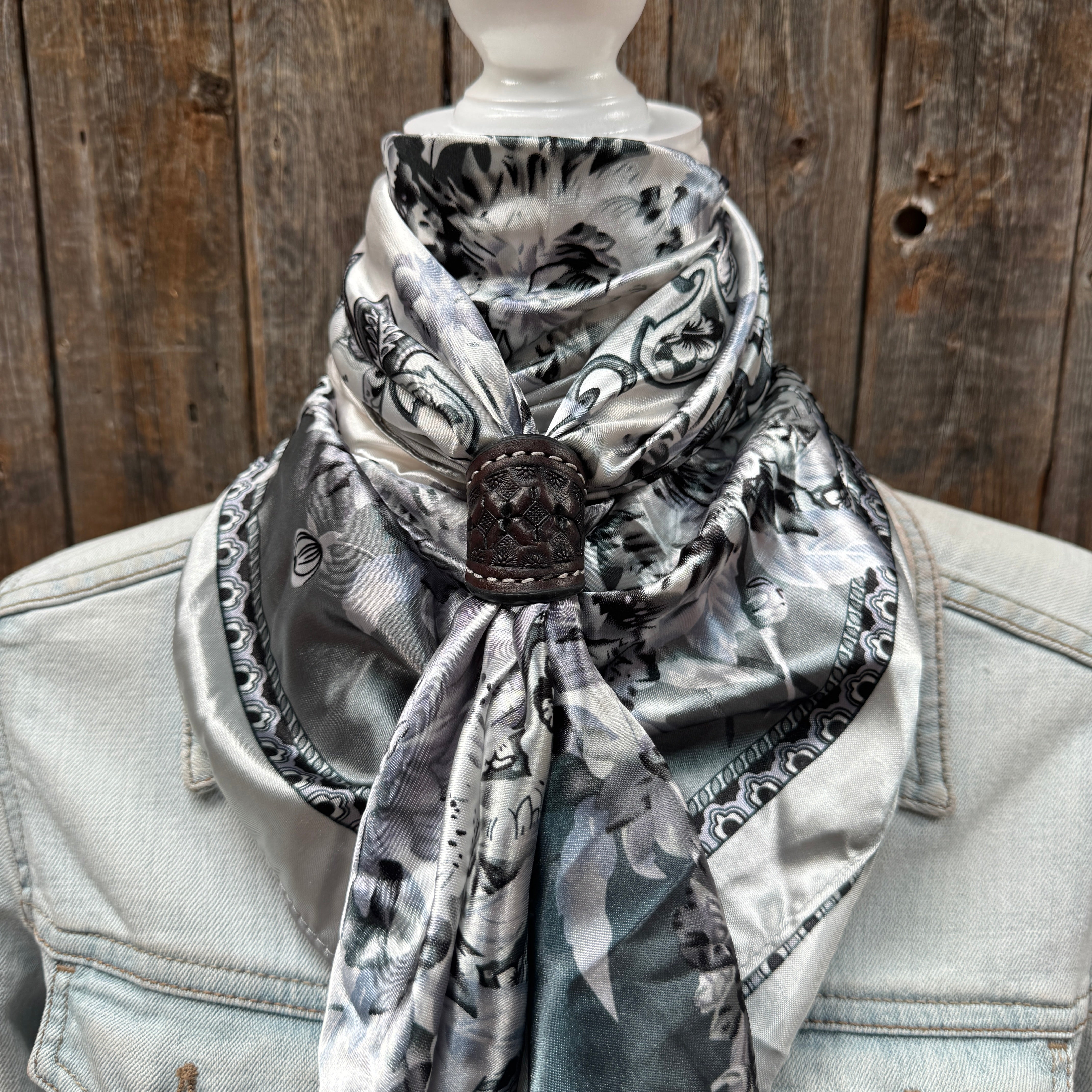 35X35" Silver & White Paisley Wild Rag / Scarf WR172 - Tooled Leather Wild Rag Slides - Assorted