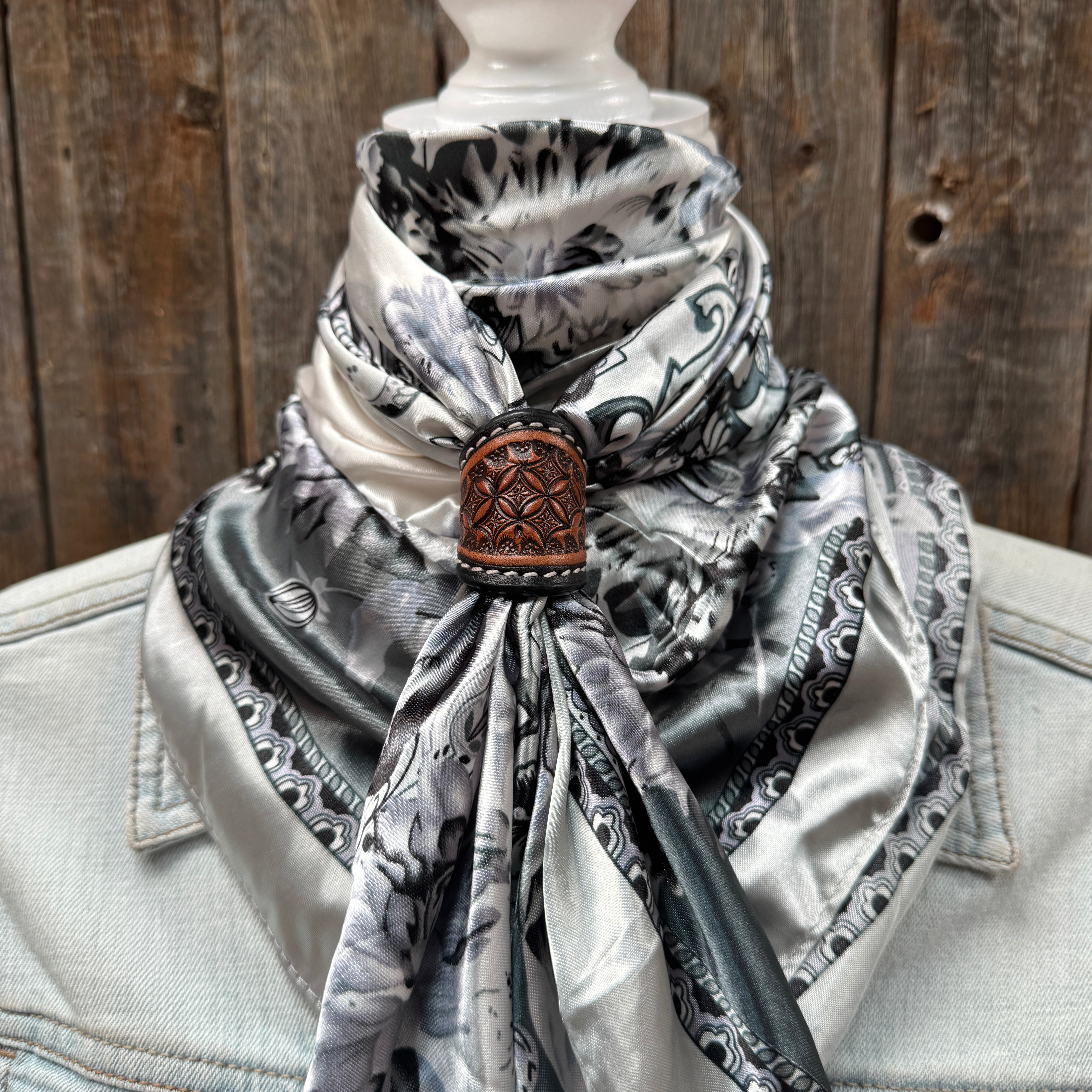 35X35" Silver & White Paisley Wild Rag / Scarf WR172 - Tooled Leather Wild Rag Slides - Assorted