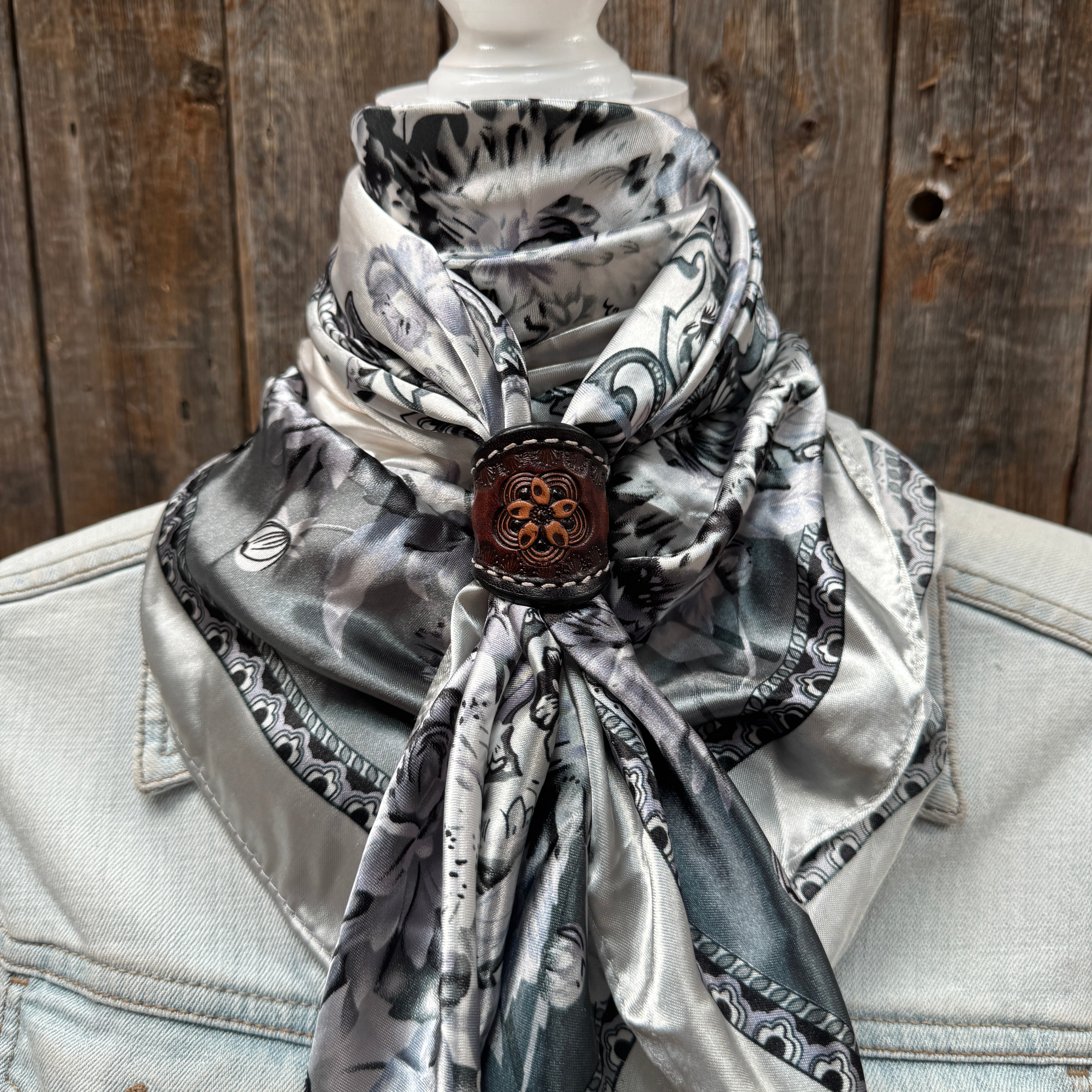 35X35" Silver & White Paisley Wild Rag / Scarf WR172 - Tooled Leather Wild Rag Slides - Assorted