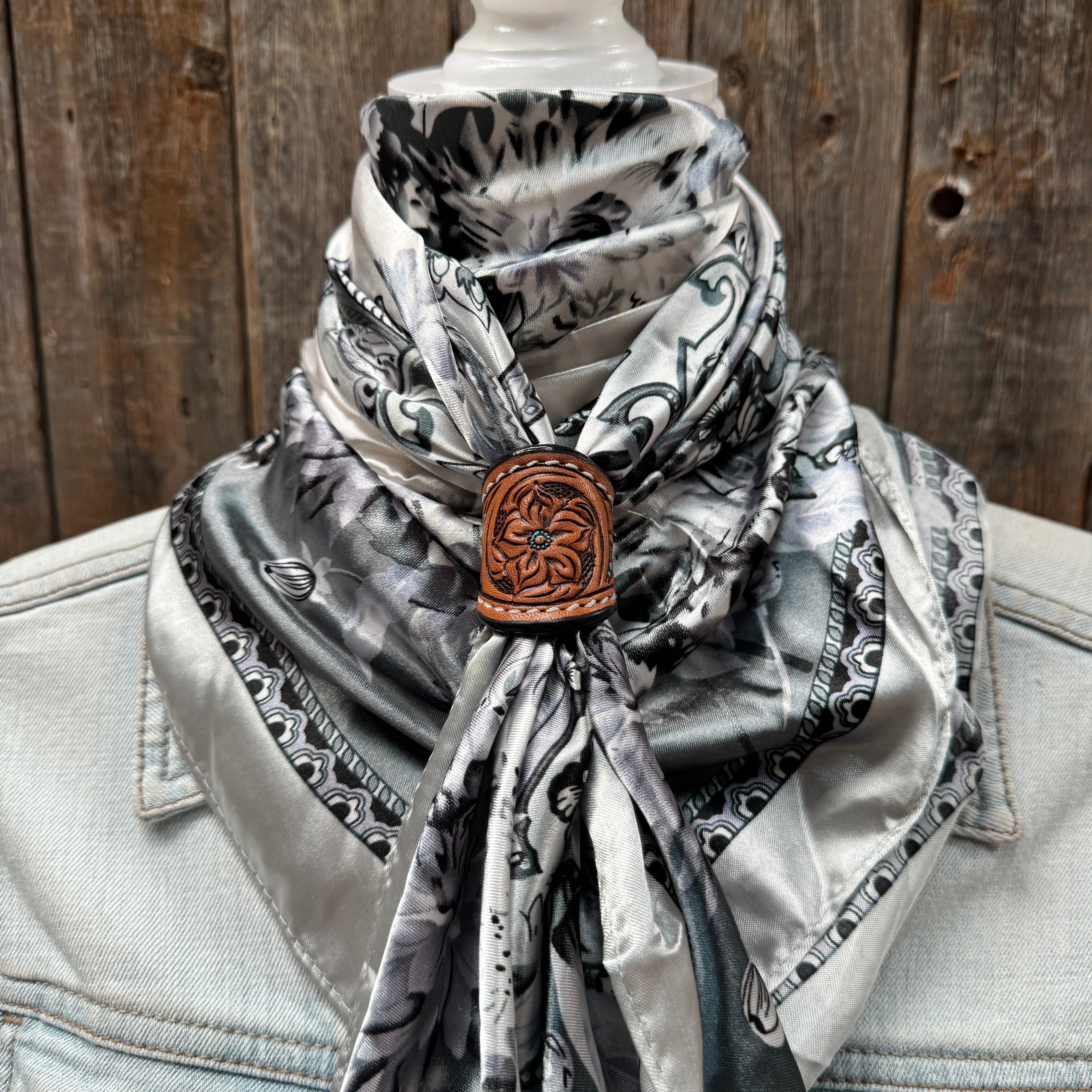 35X35" Silver & White Paisley Wild Rag / Scarf WR172 - Tooled Leather Wild Rag Slides - Assorted