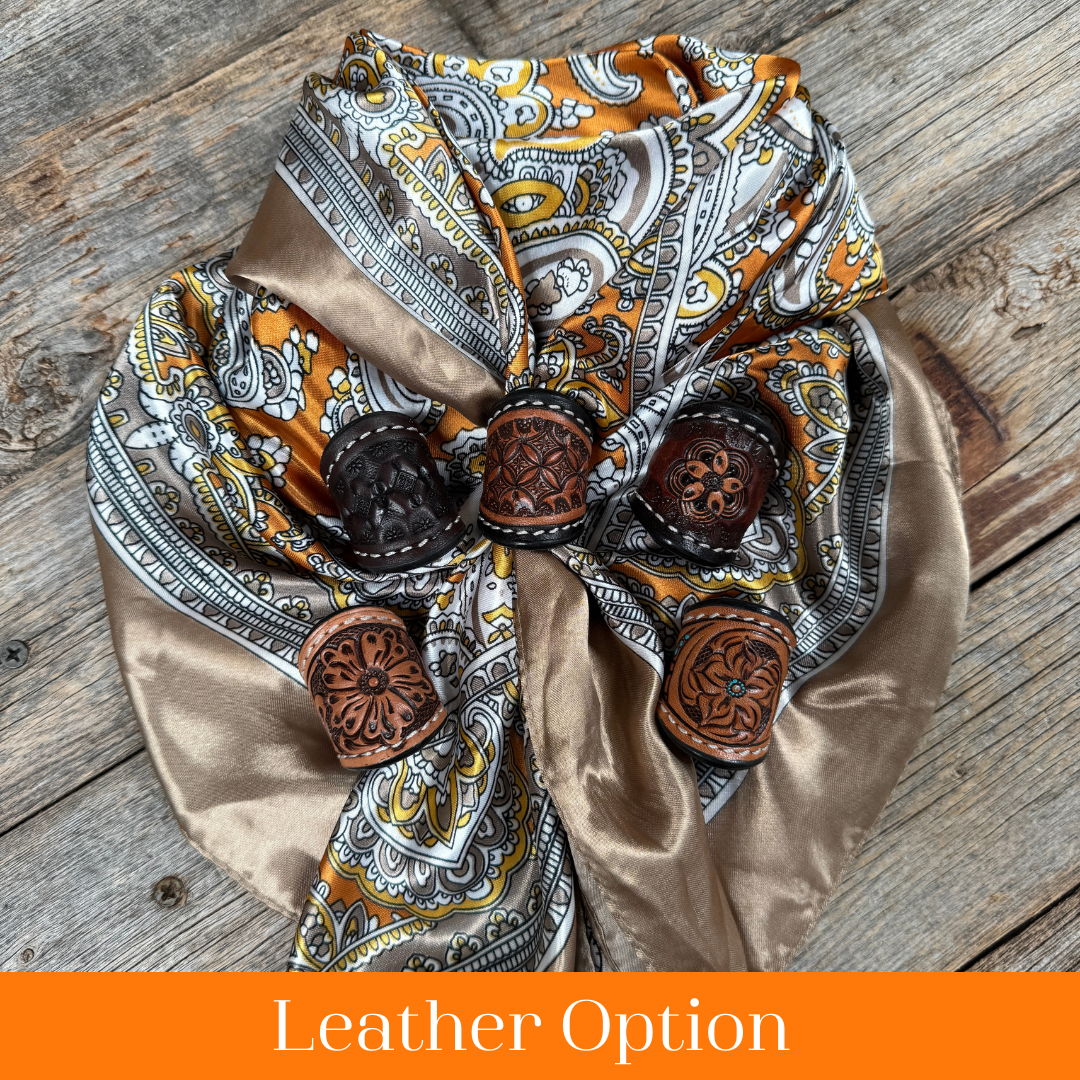 35X35" Orange and Tan Paisley Wild Rag / Scarf WR2142X - Tooled Leather Wild Rag Slides - Assorted