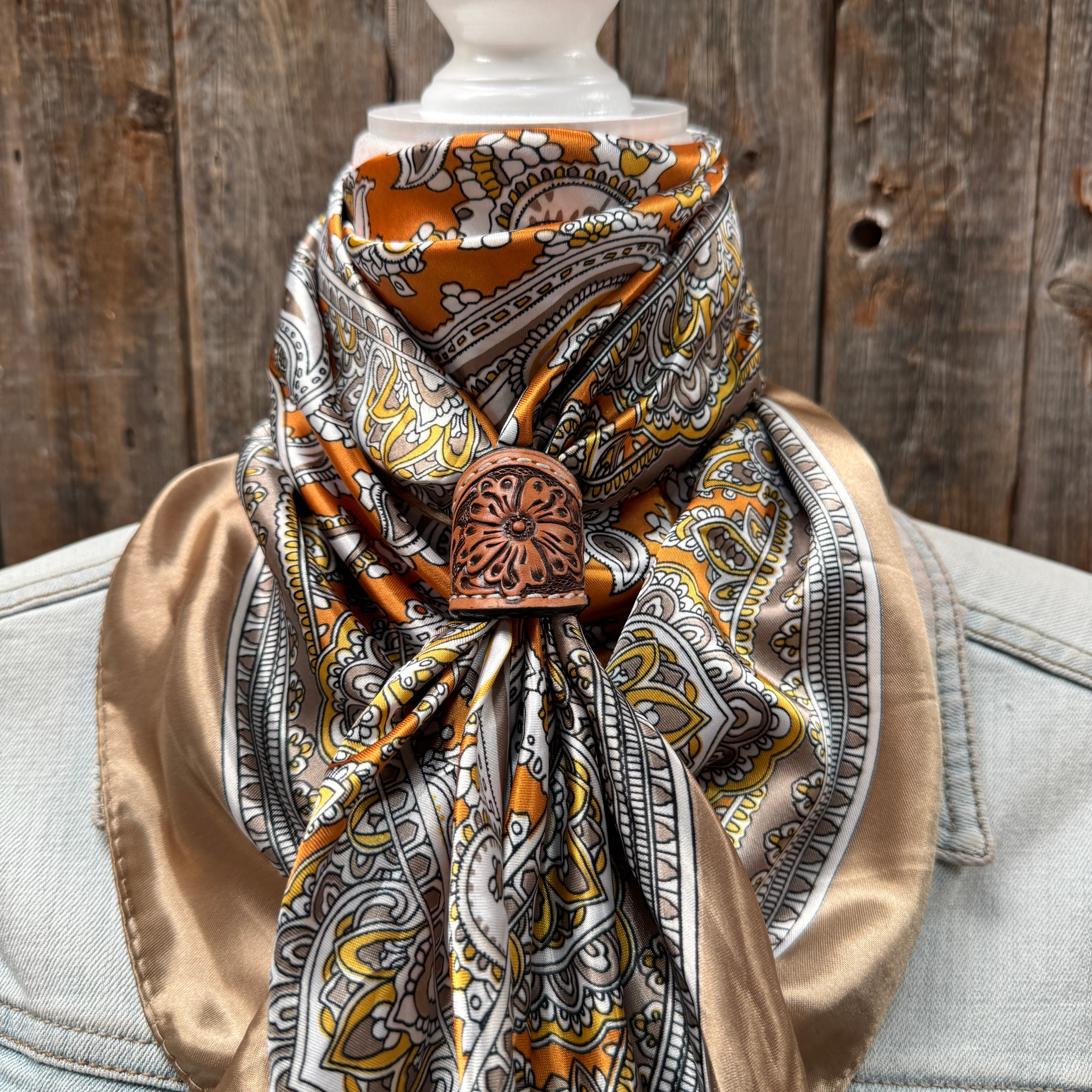 35X35" Orange and Tan Paisley Wild Rag / Scarf WR2142X - Tooled Leather Wild Rag Slides - Assorted