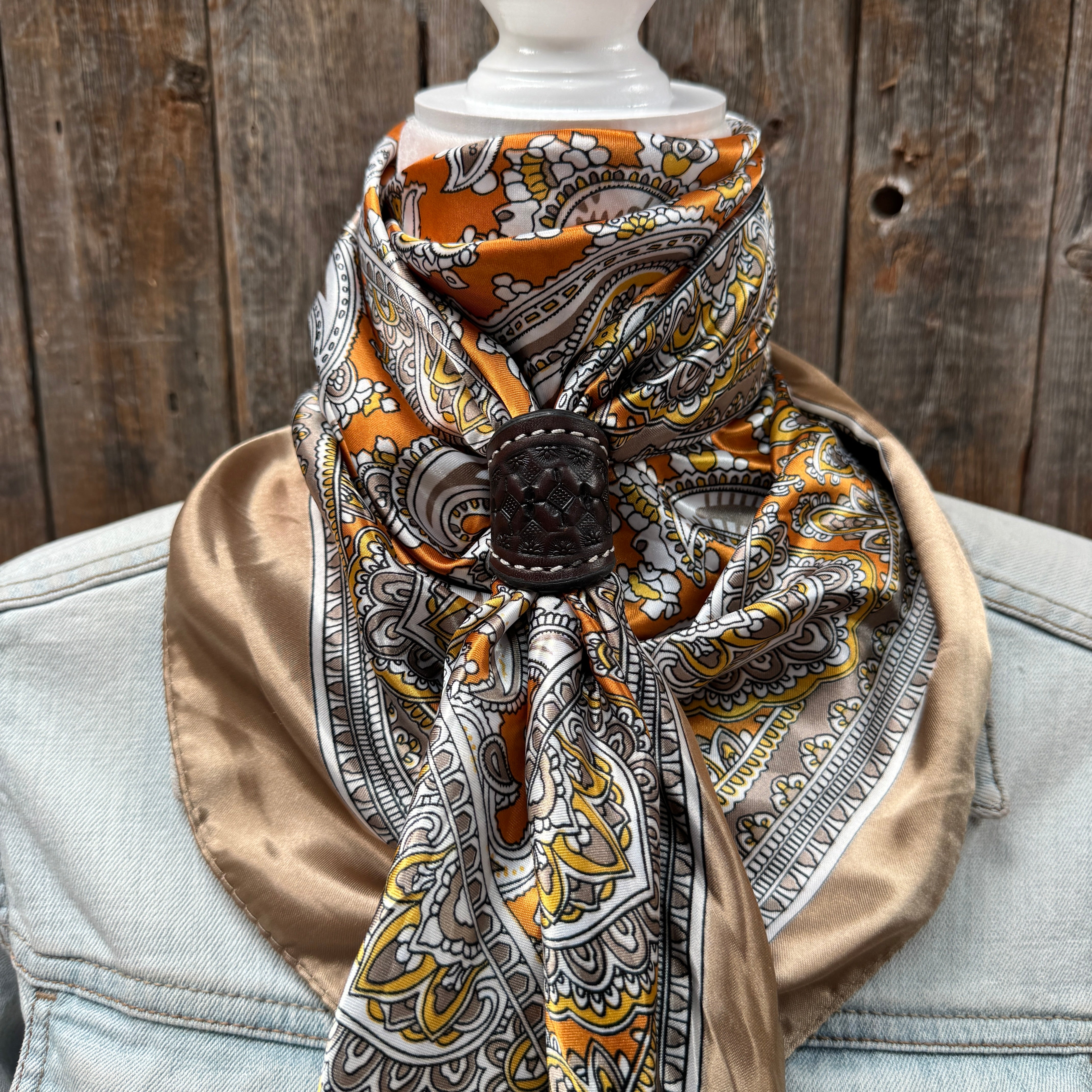 35X35" Orange and Tan Paisley Wild Rag / Scarf WR2142X - Tooled Leather Wild Rag Slides - Assorted