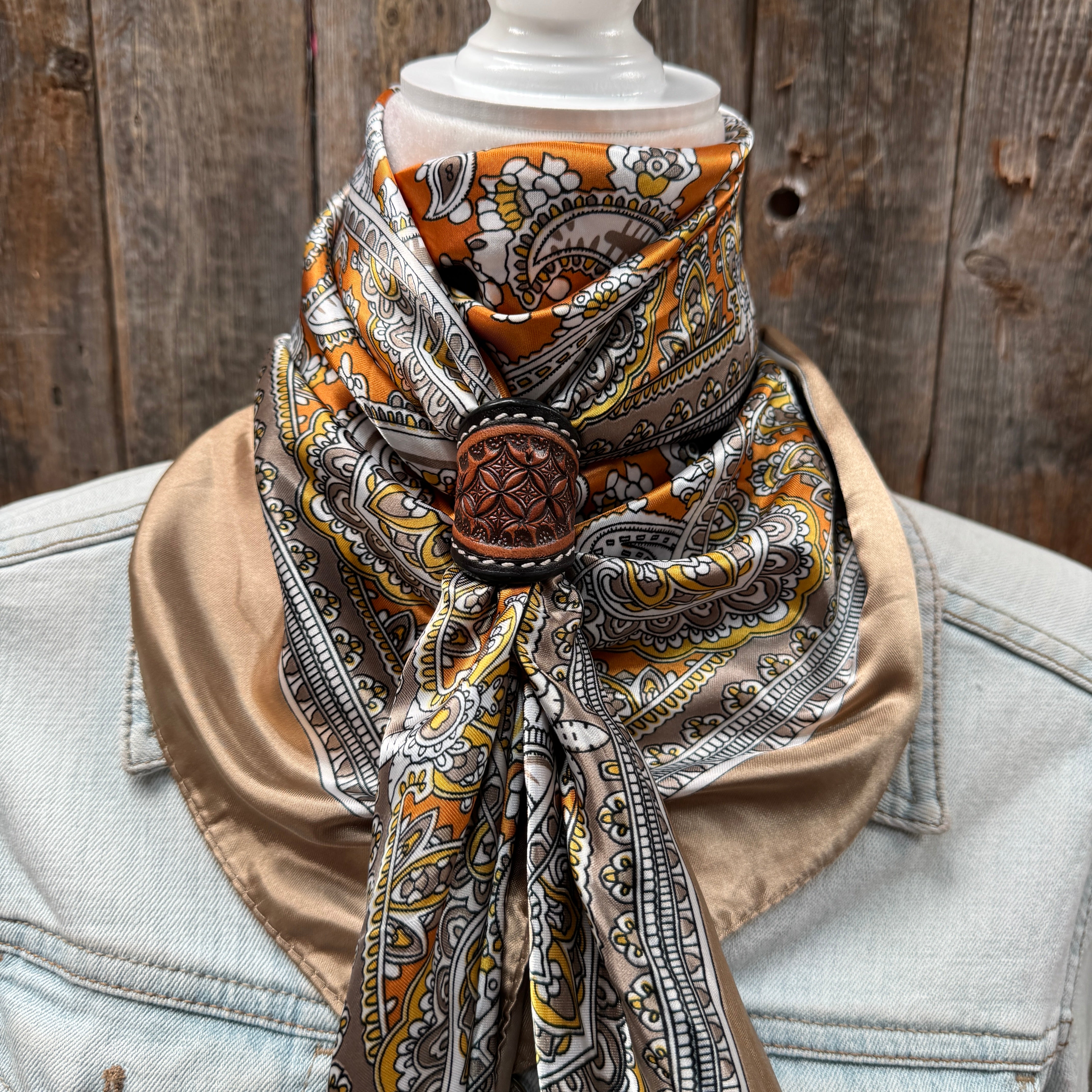 35X35" Orange and Tan Paisley Wild Rag / Scarf WR2142X - Tooled Leather Wild Rag Slides - Assorted