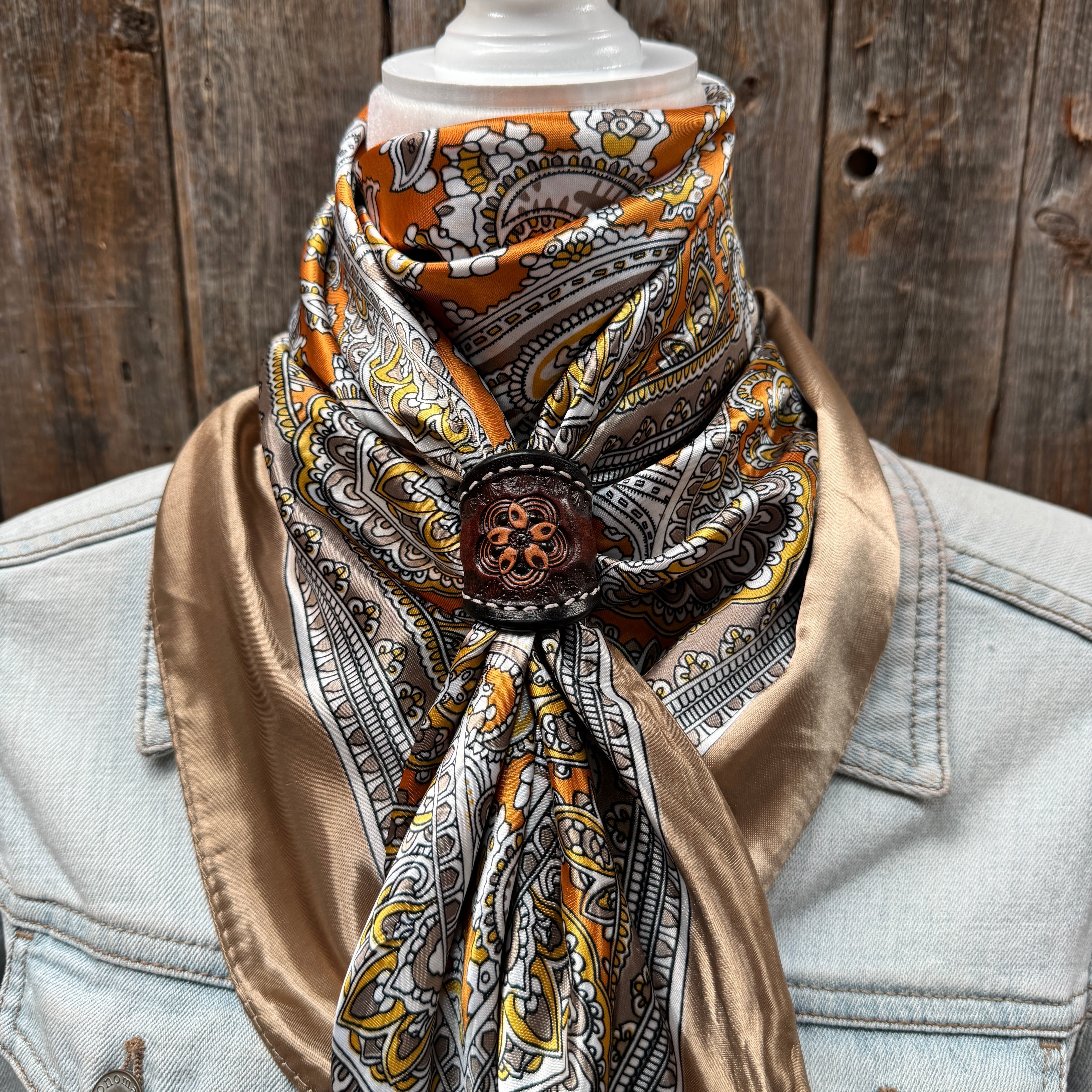 35X35" Orange and Tan Paisley Wild Rag / Scarf WR2142X - Tooled Leather Wild Rag Slides - Assorted