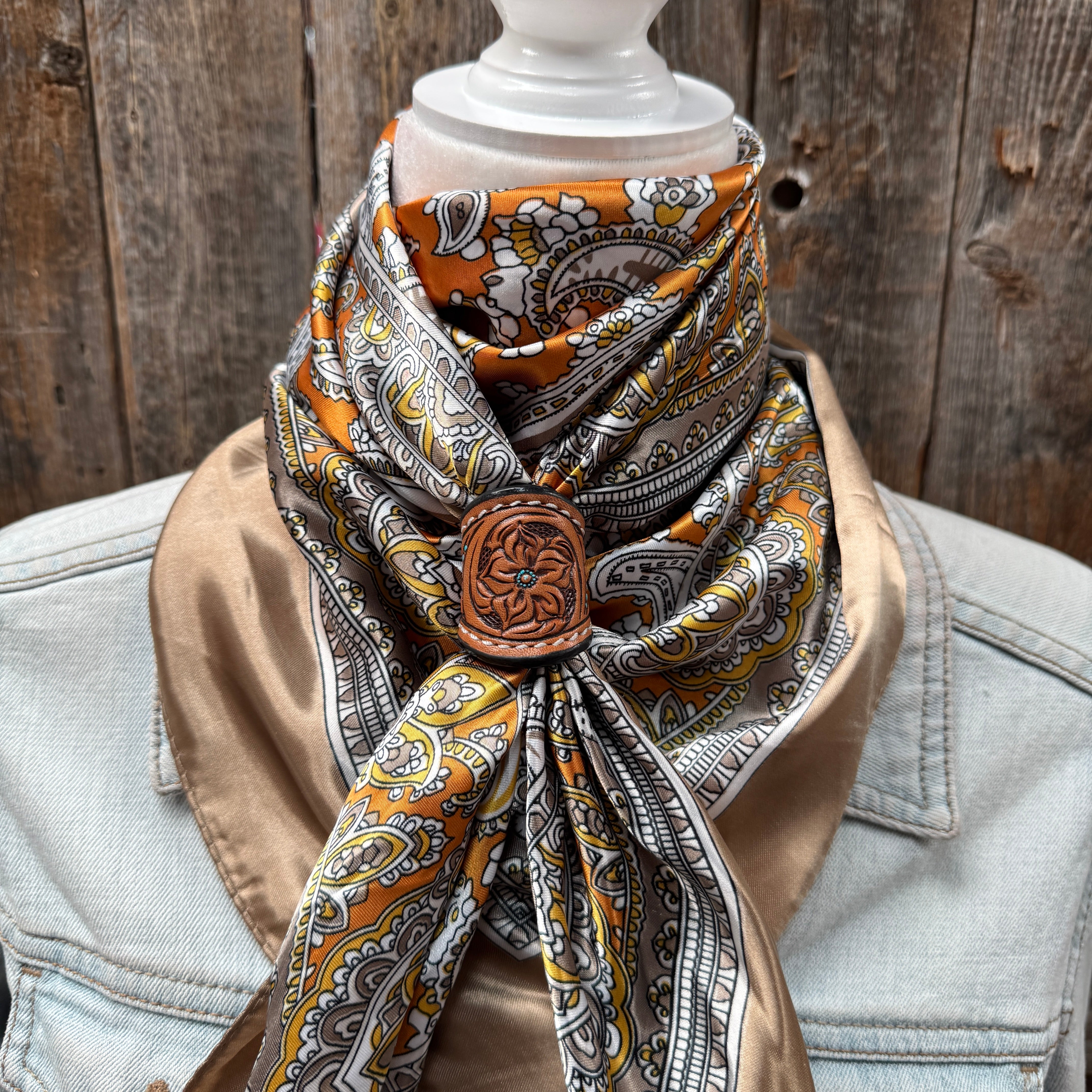 35X35" Orange and Tan Paisley Wild Rag / Scarf WR2142X - Tooled Leather Wild Rag Slides - Assorted
