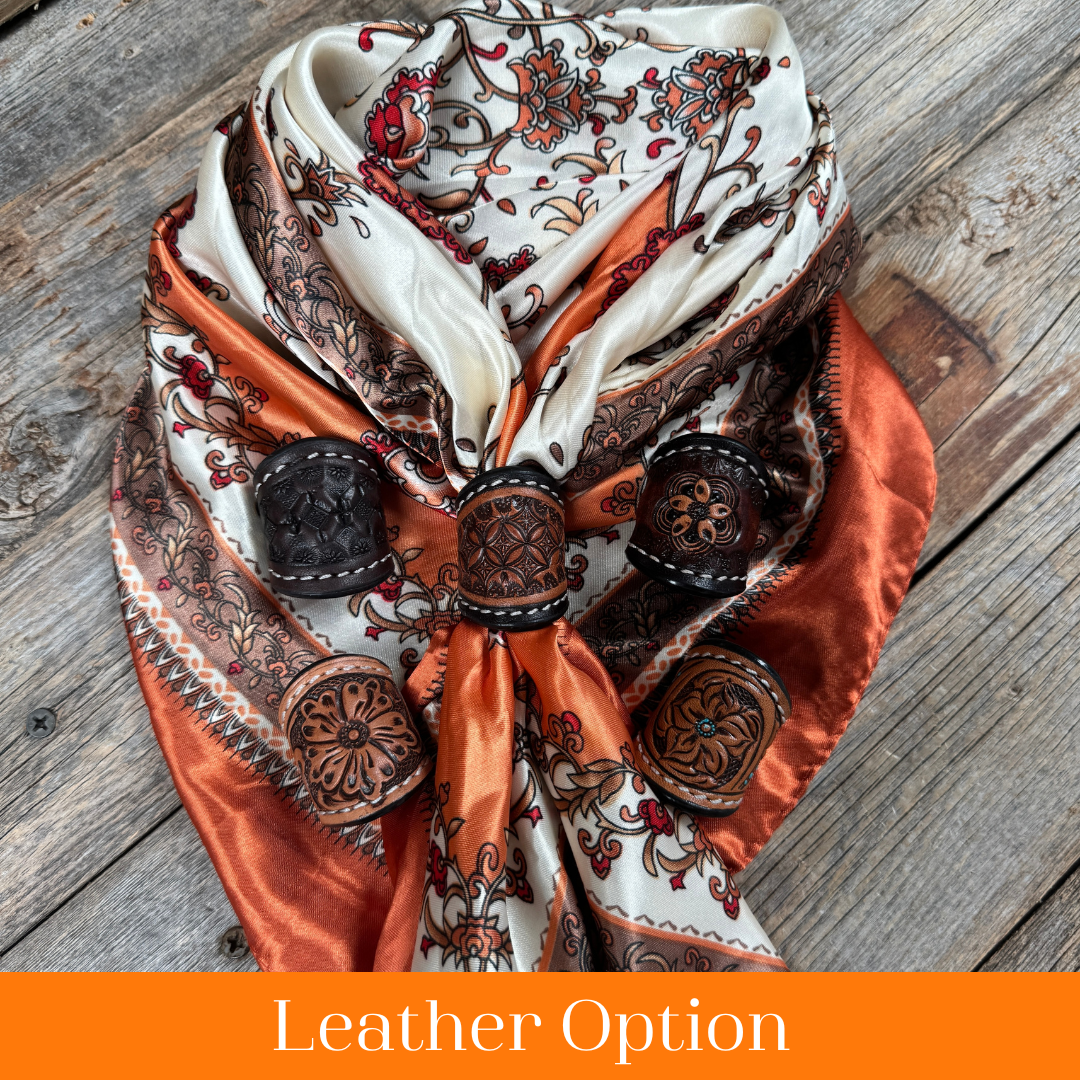 35X35" Burnt Orange & Tan Paisley Wild Rag / Scarf WR2179 - Tooled Leather Wild Rag Slides - Assorted
