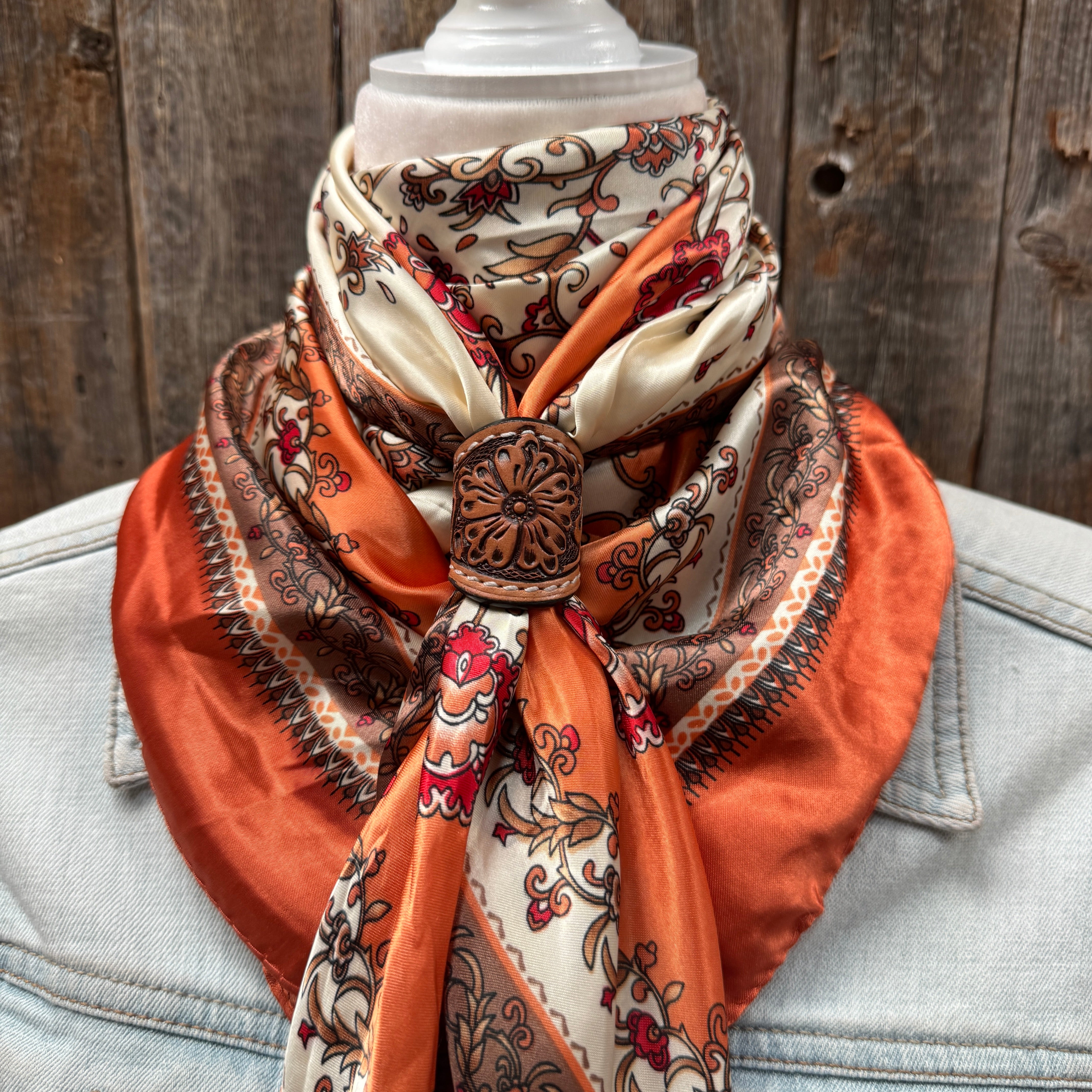 35X35" Burnt Orange & Tan Paisley Wild Rag / Scarf WR2179 - Tooled Leather Wild Rag Slides - Assorted