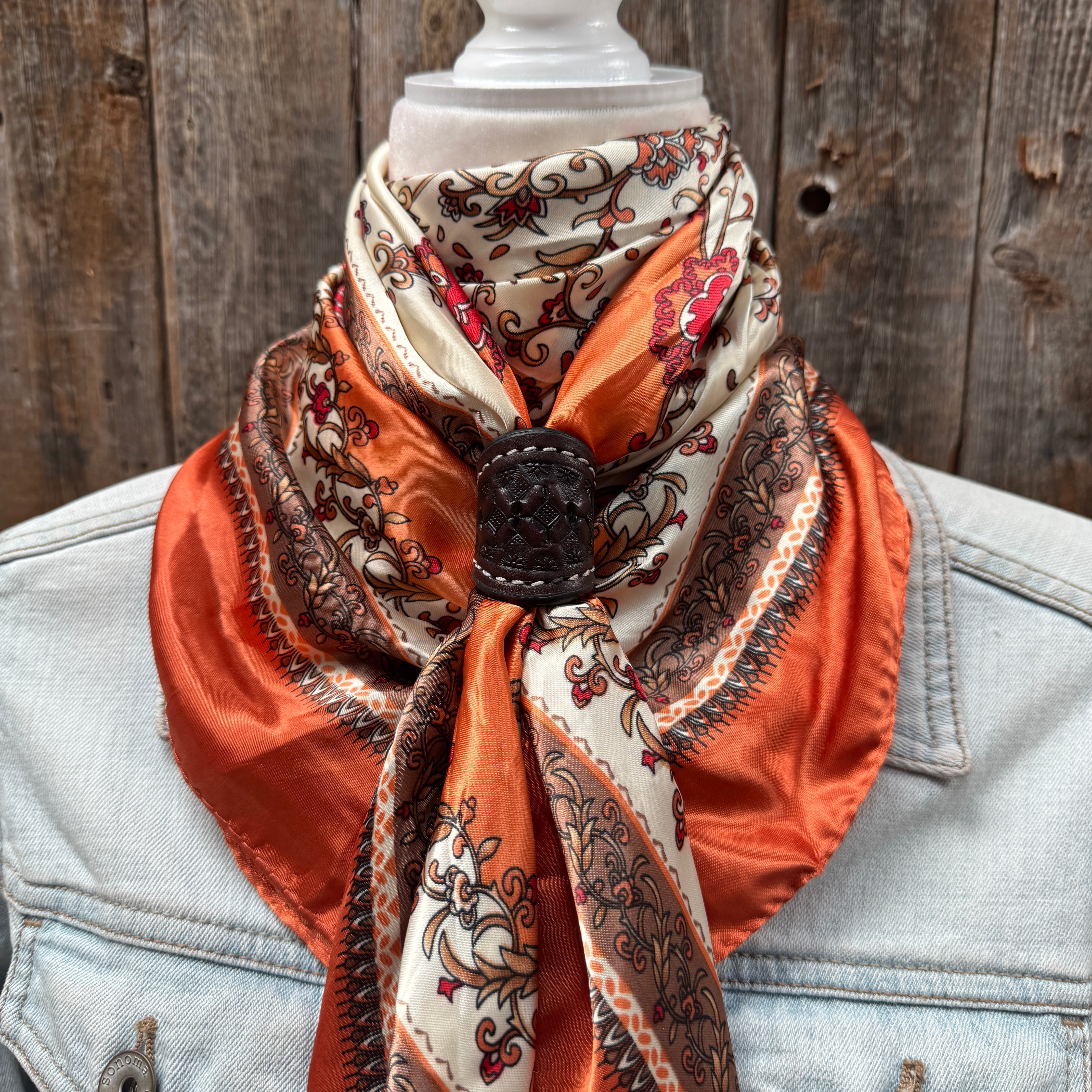 35X35" Burnt Orange & Tan Paisley Wild Rag / Scarf WR2179 - Tooled Leather Wild Rag Slides - Assorted