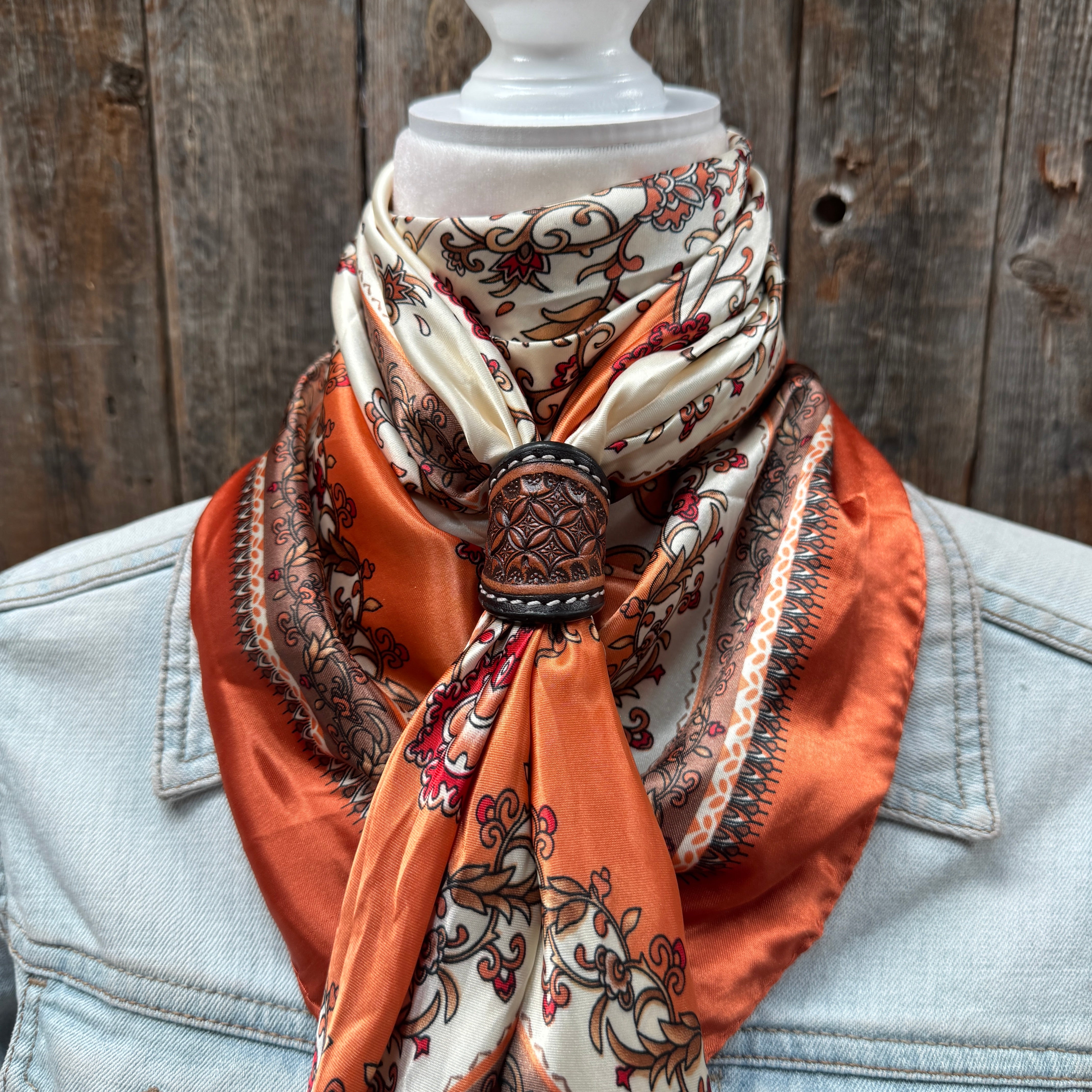 35X35" Burnt Orange & Tan Paisley Wild Rag / Scarf WR2179 - Tooled Leather Wild Rag Slides - Assorted
