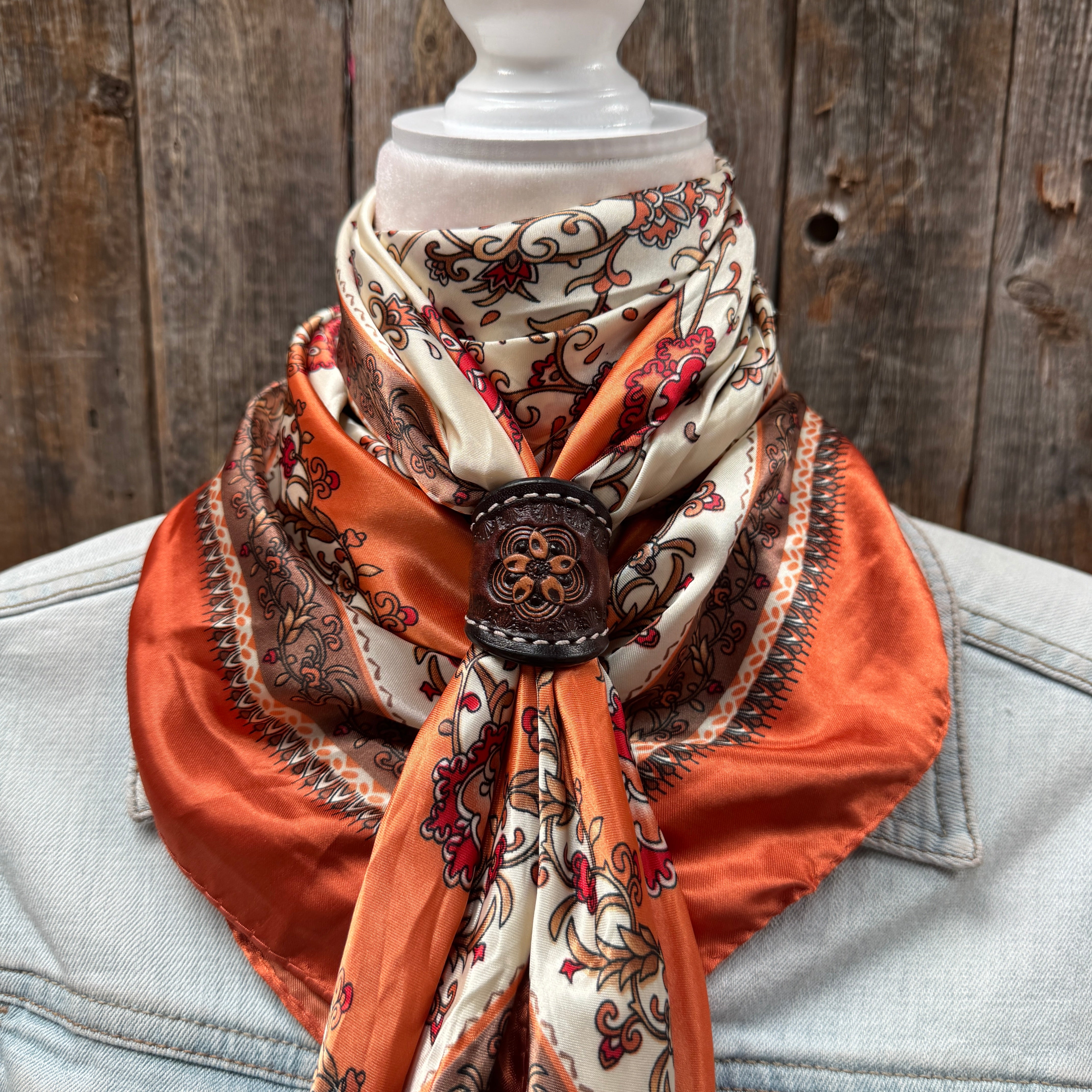 35X35" Burnt Orange & Tan Paisley Wild Rag / Scarf WR2179 - Tooled Leather Wild Rag Slides - Assorted