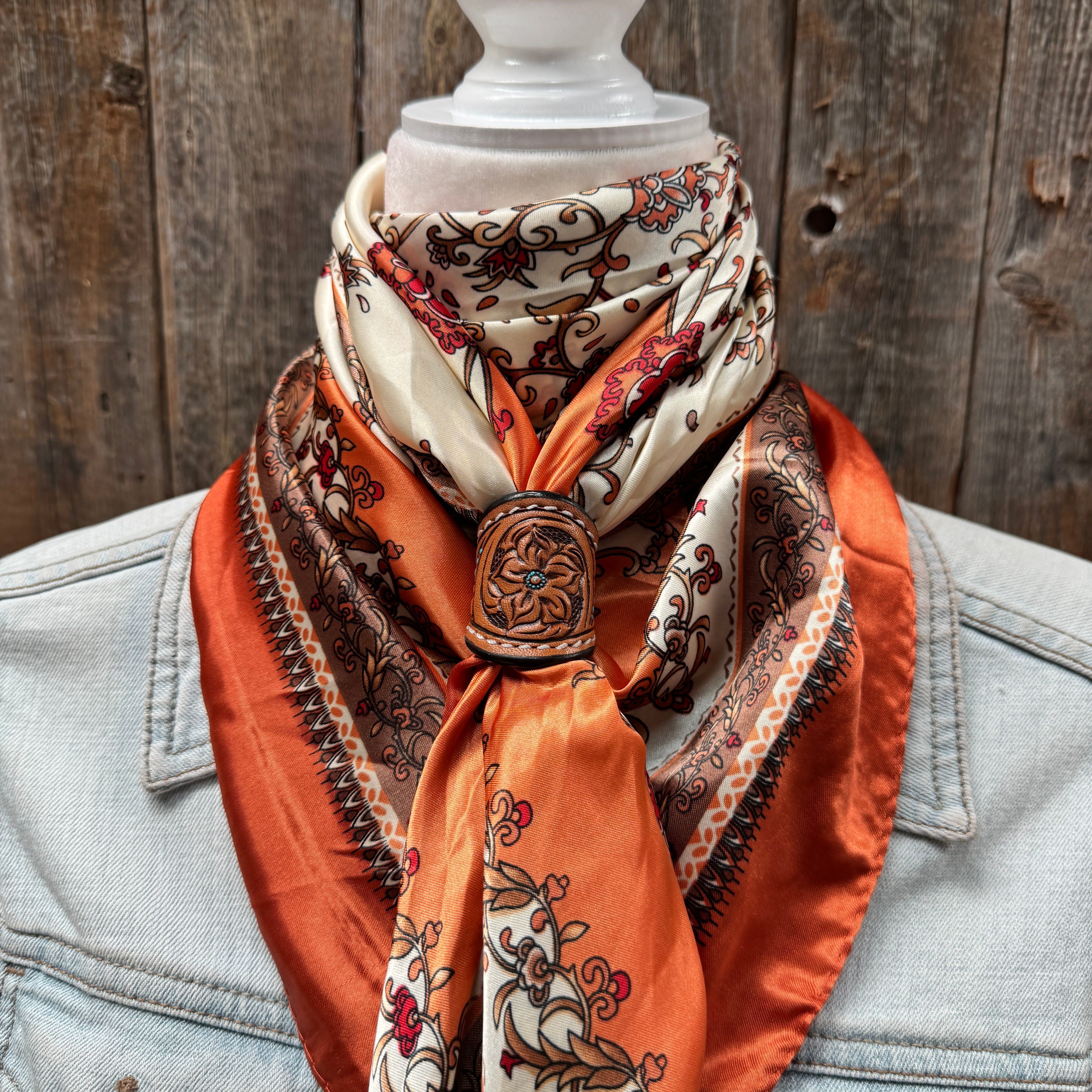 35X35" Burnt Orange & Tan Paisley Wild Rag / Scarf WR2179 - Tooled Leather Wild Rag Slides - Assorted
