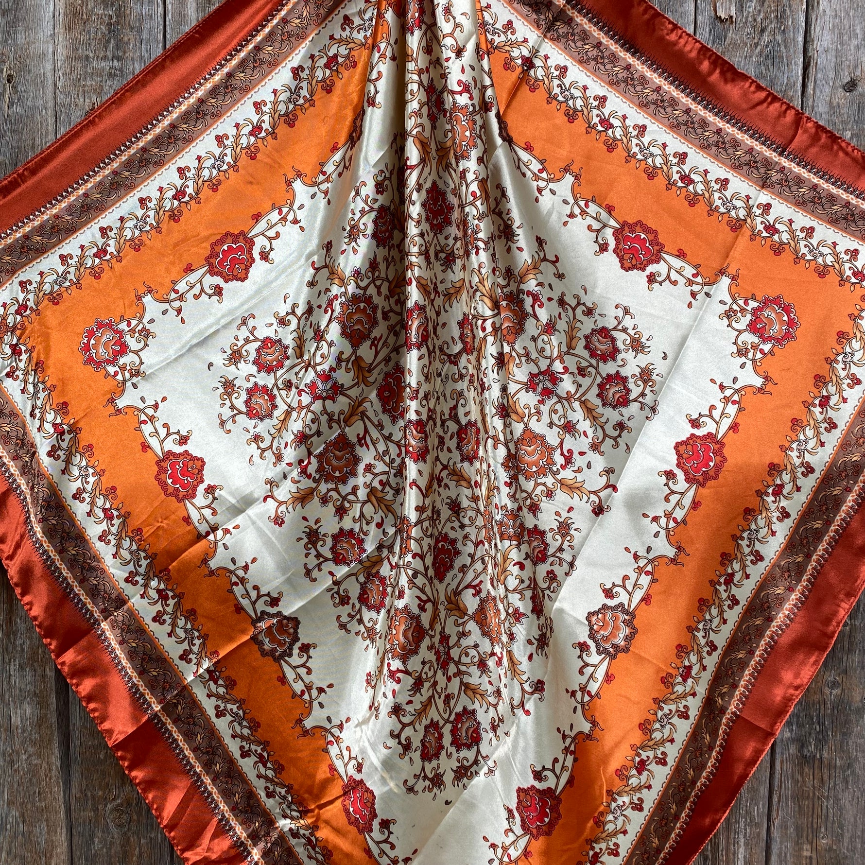 35X35" Burnt Orange & Tan Wild Rag / Scarf -Copper Fire Opal, Teal, AB Slide WRC2179C
