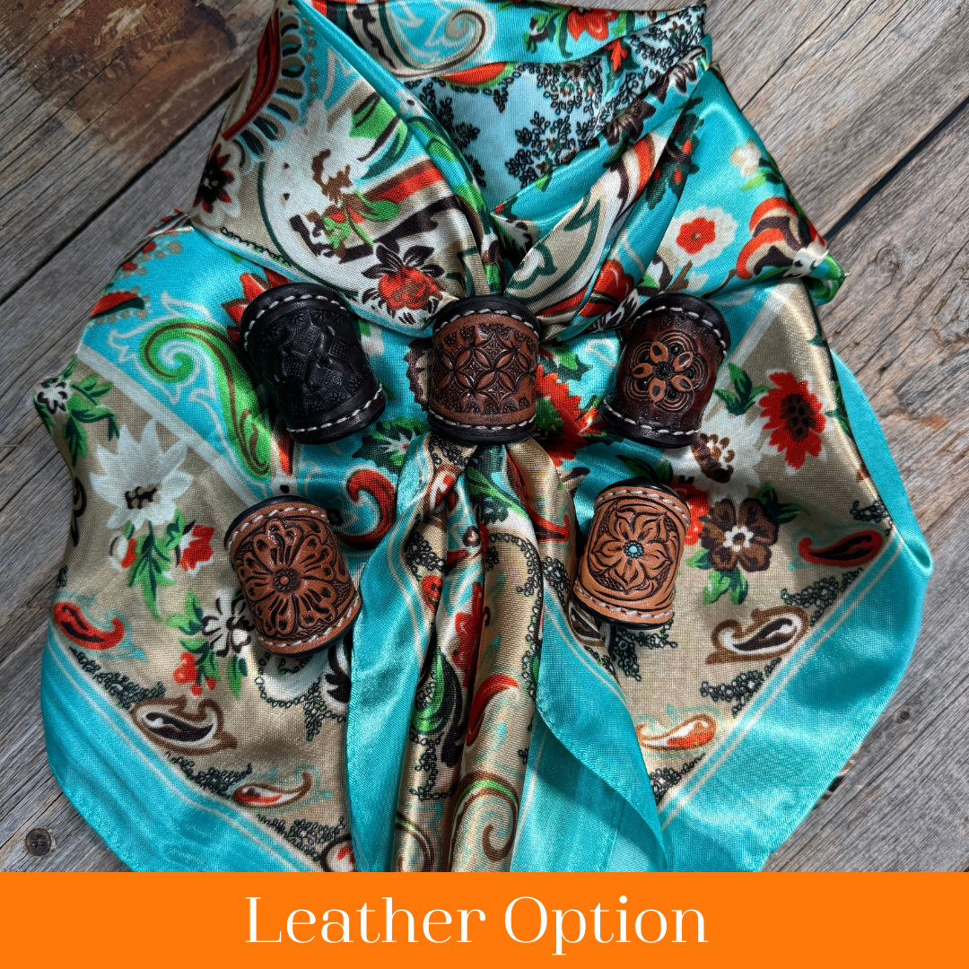 35X35" Turquoise That So 70's Paisley Wild Rag / Scarf WR230 - Tooled Leather Wild Rag Slides - Assorted