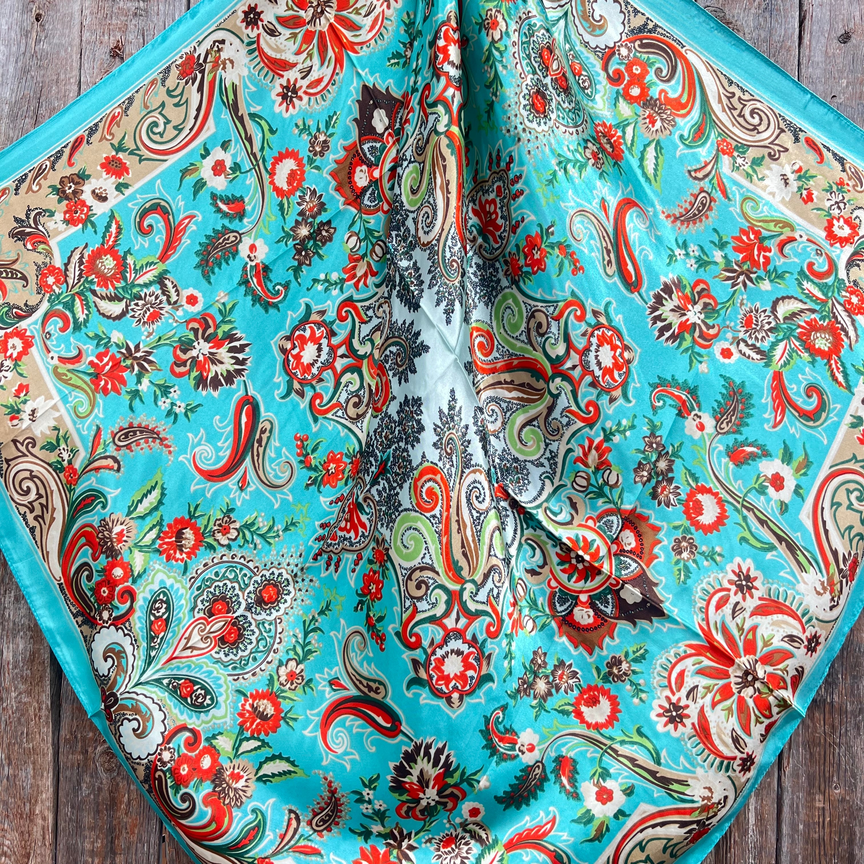 Turquoise 70s Paisley Wild Rag Scarf | 35x35