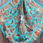 35X35" Turquoise That So 70's Paisley Wild Rag / Scarf WR230 - Tooled Leather Wild Rag Slides - Assorted