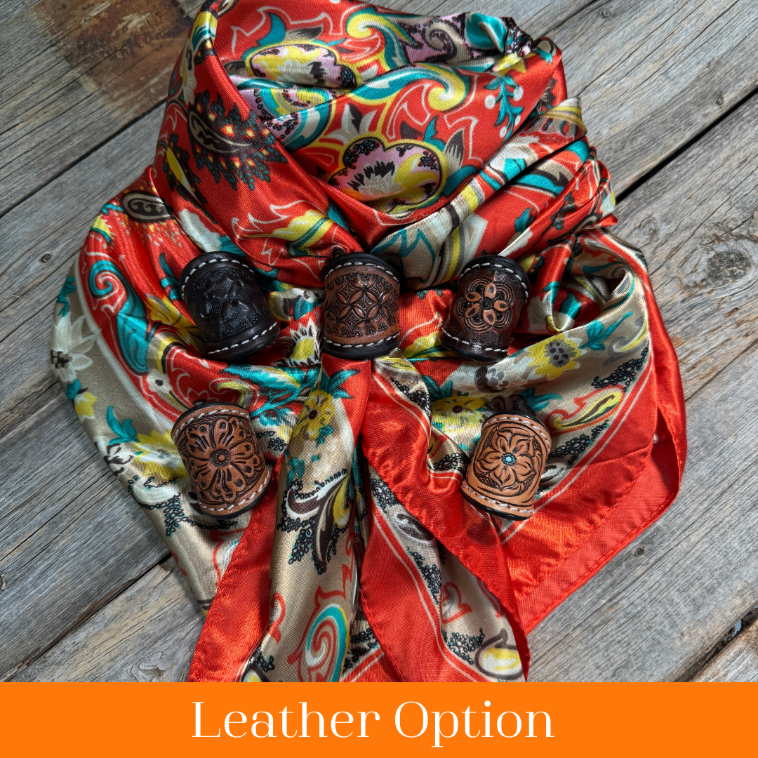 35X35" Red That So 70's Paisley Wild Rag / Scarf WR231 - Tooled Leather Wild Rag Slides - Assorted