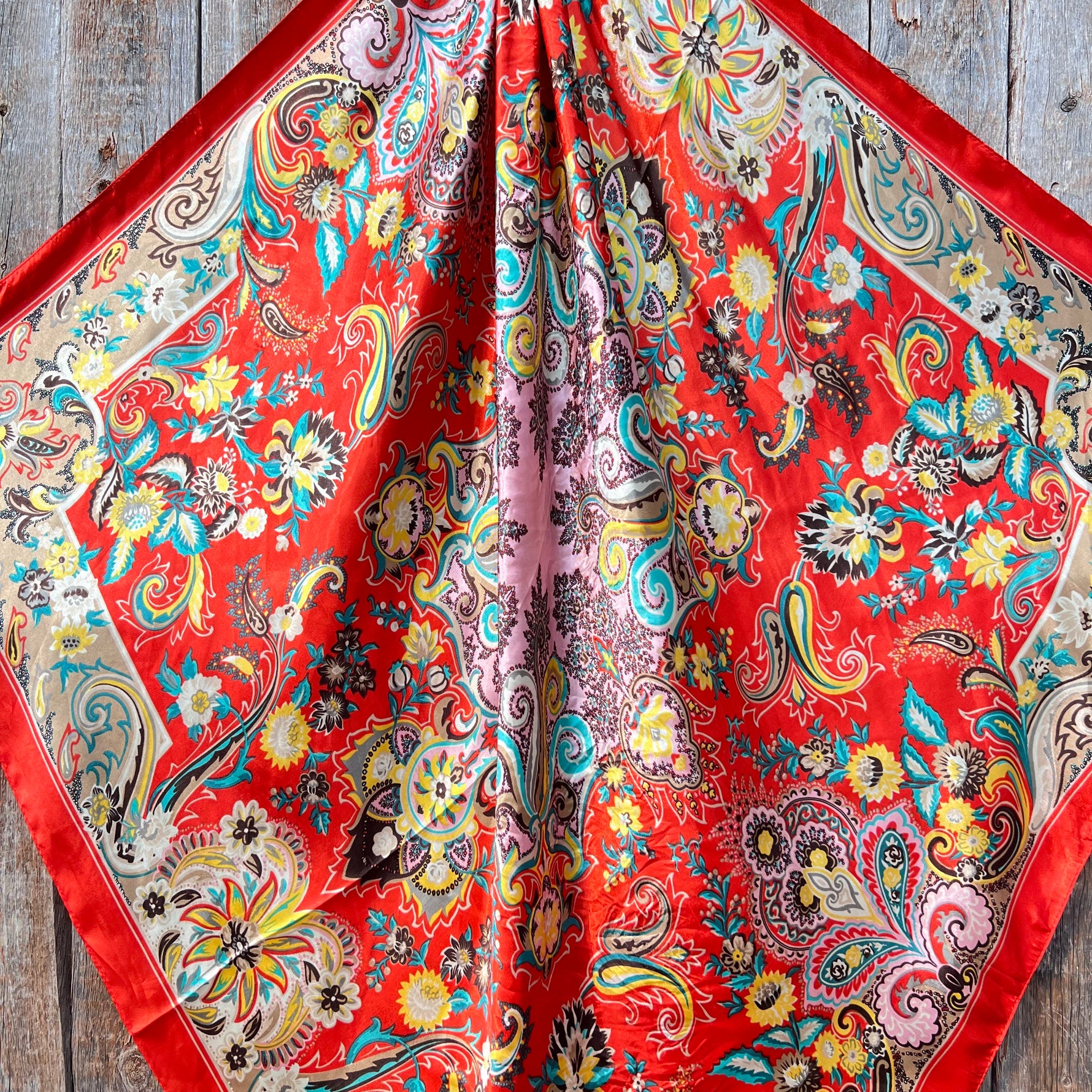 35X35" Red That So 70's Paisley Wild Rag / Scarf WR231 - Tooled Leather Wild Rag Slides - Assorted