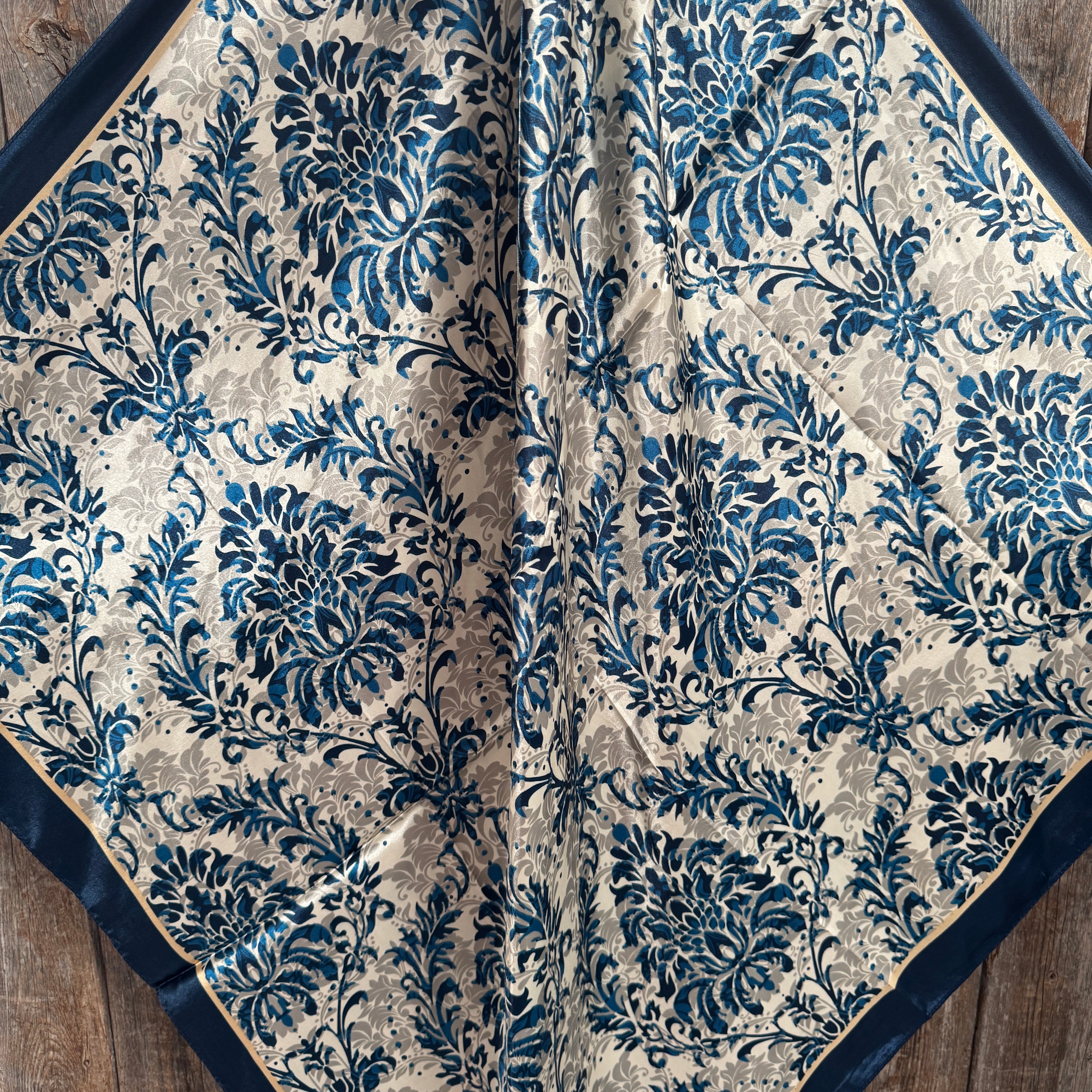 35X35"  Cream and Blue Floral Wild Rag /Scarf WR2404