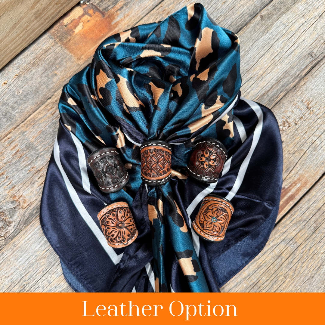 35X35" Teal Cheetah Wild Rag / Scarf WR2404 - Tooled Leather Wild Rag Slides - Assorted
