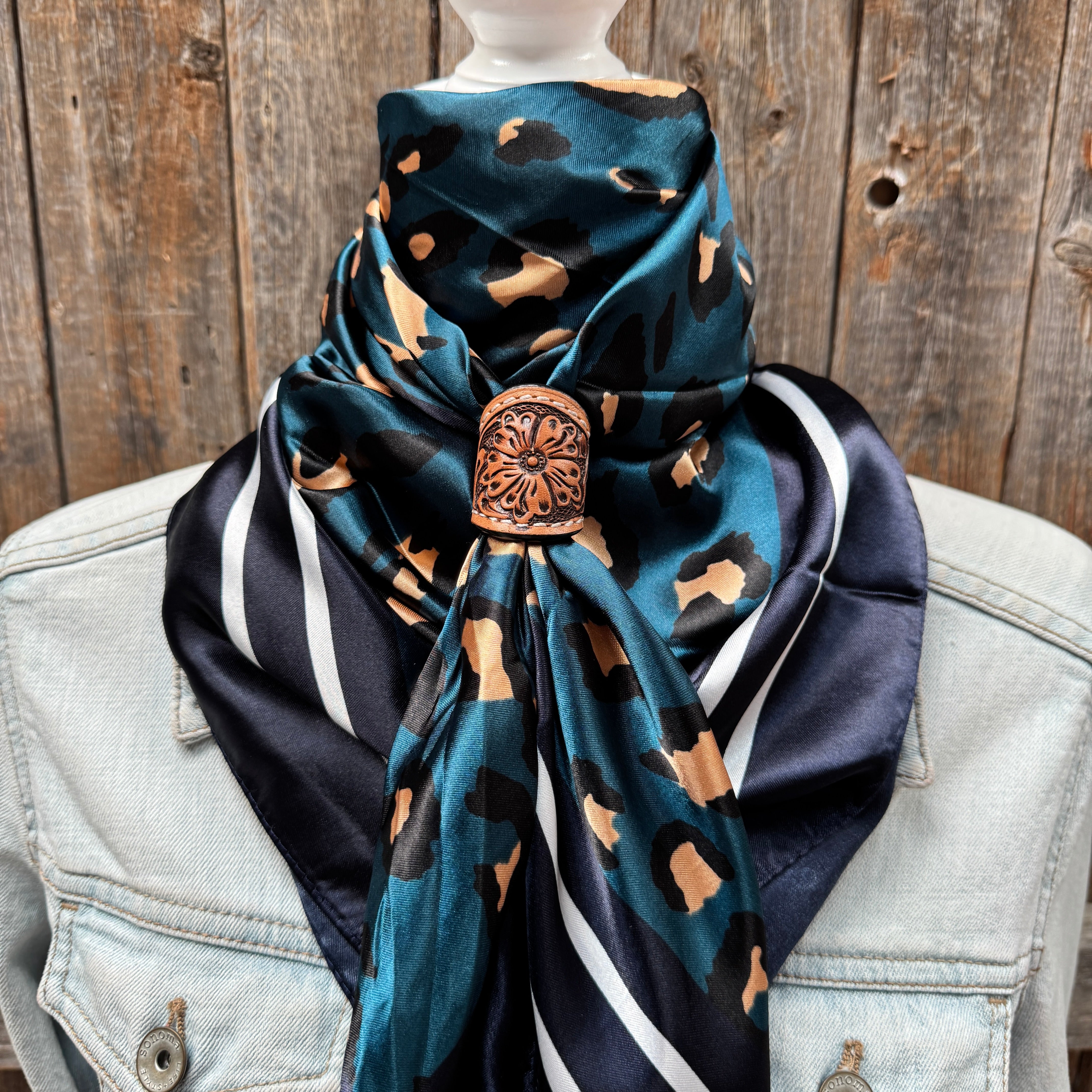 35X35" Teal Cheetah Wild Rag / Scarf WR2404 - Tooled Leather Wild Rag Slides - Assorted