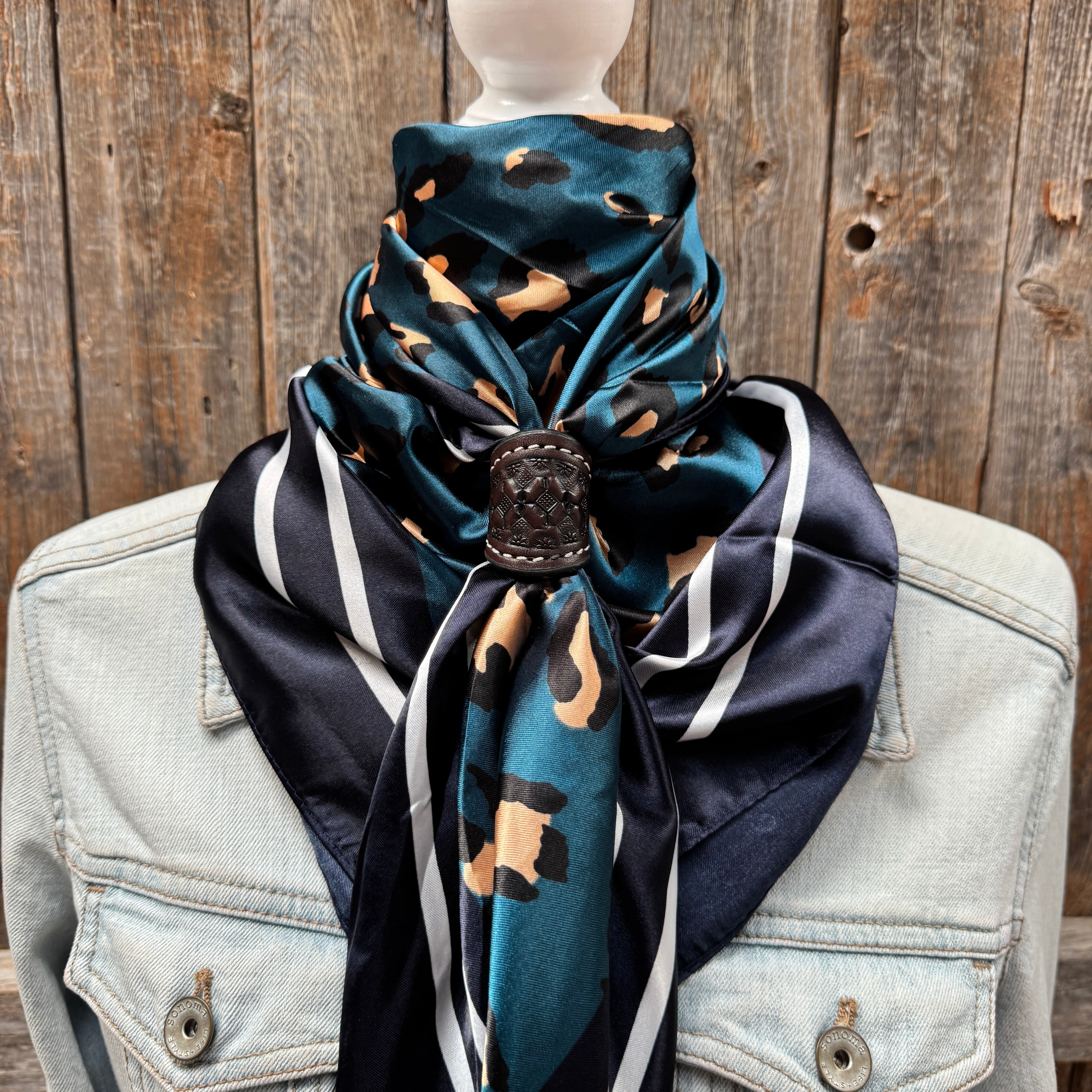 35X35" Teal Cheetah Wild Rag / Scarf WR2404 - Tooled Leather Wild Rag Slides - Assorted