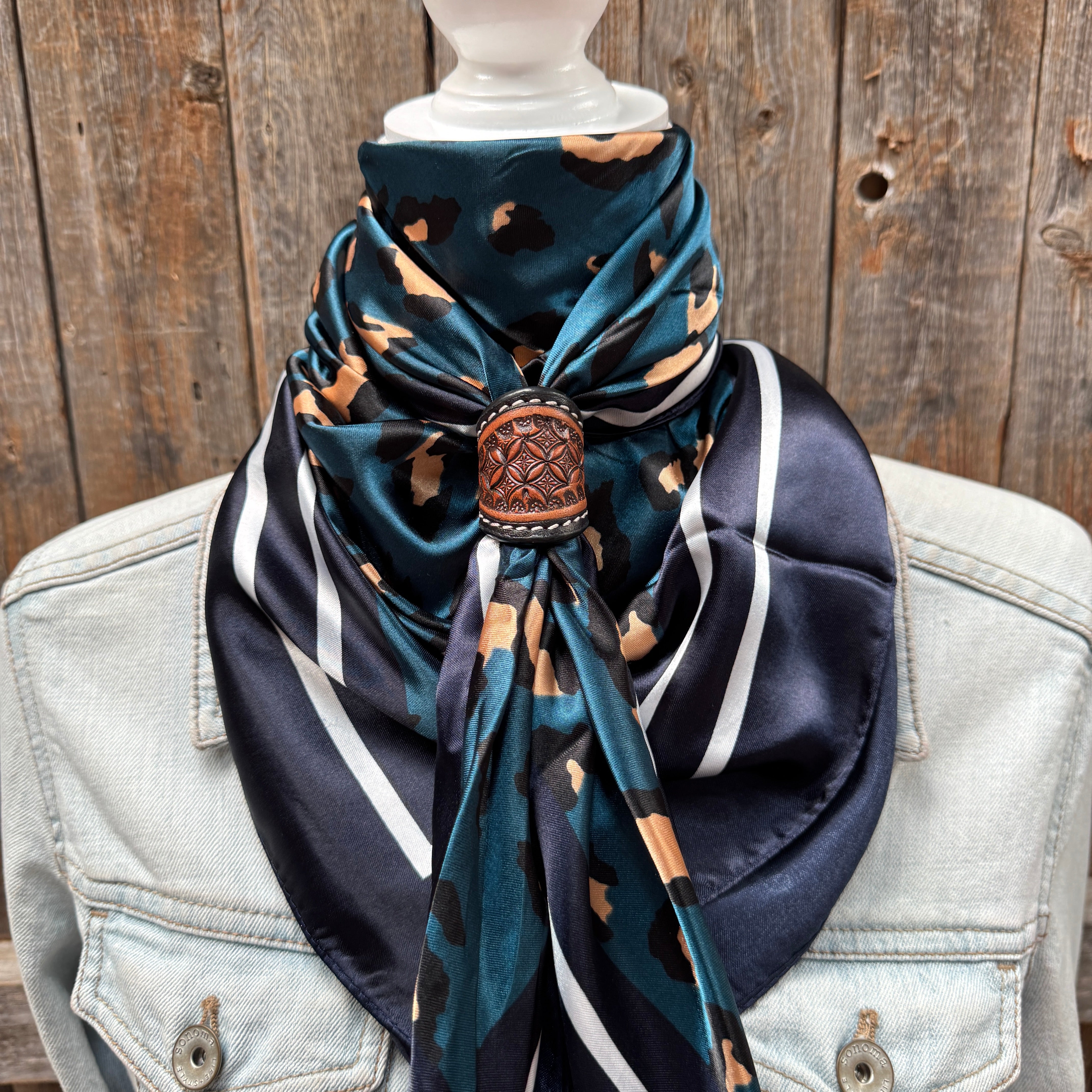 35X35" Teal Cheetah Wild Rag / Scarf WR2404 - Tooled Leather Wild Rag Slides - Assorted