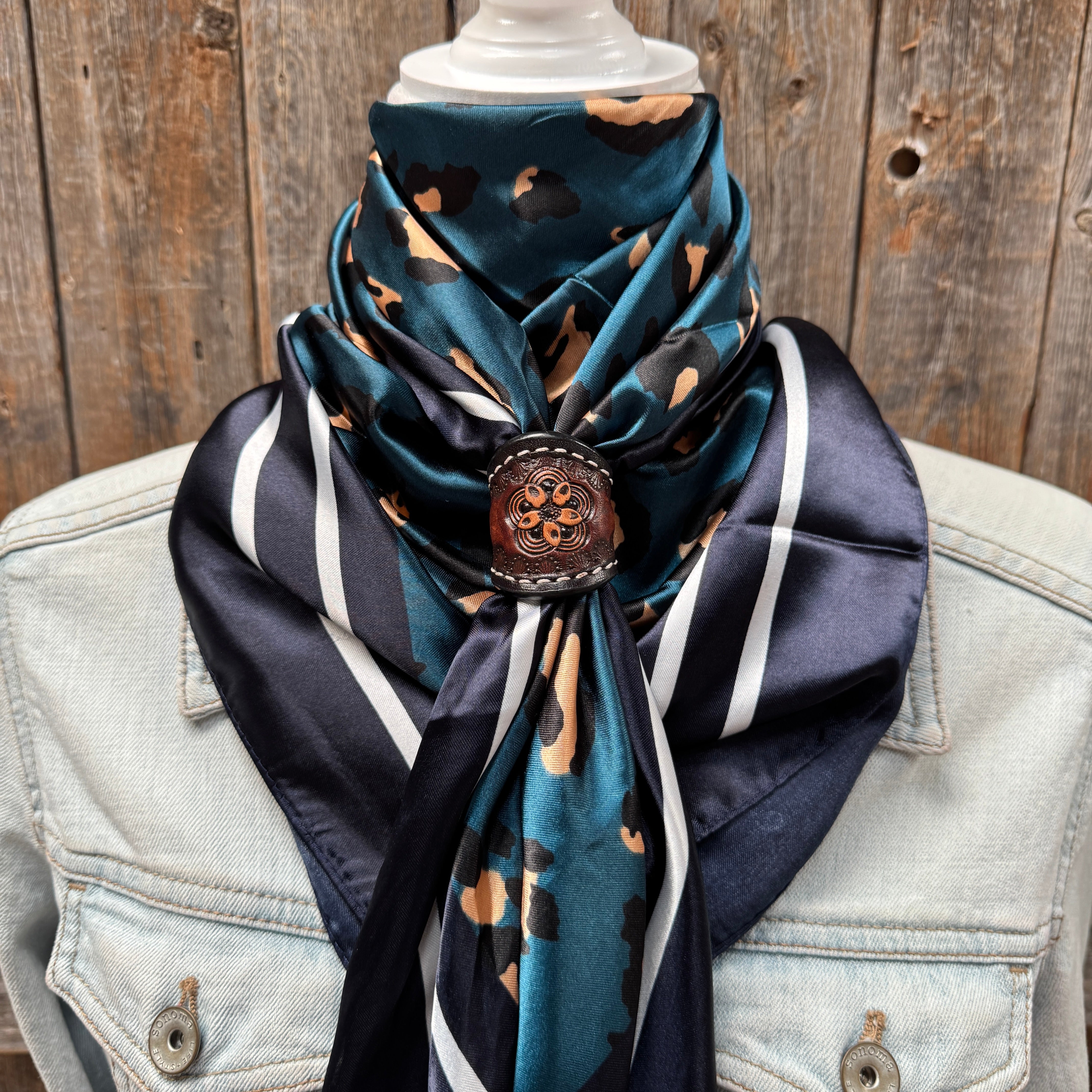 35X35" Teal Cheetah Wild Rag / Scarf WR2404 - Tooled Leather Wild Rag Slides - Assorted