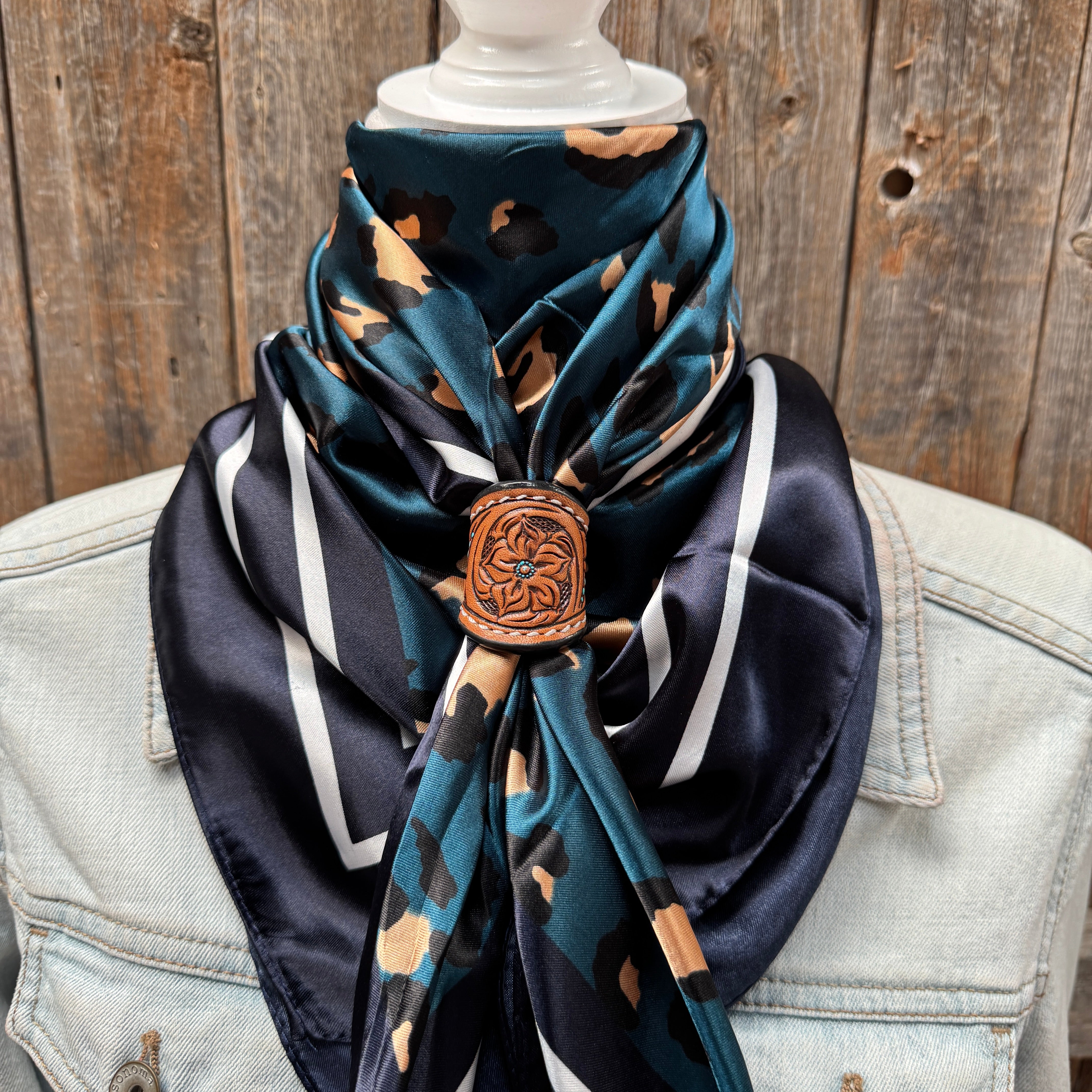 35X35" Teal Cheetah Wild Rag / Scarf WR2404 - Tooled Leather Wild Rag Slides - Assorted