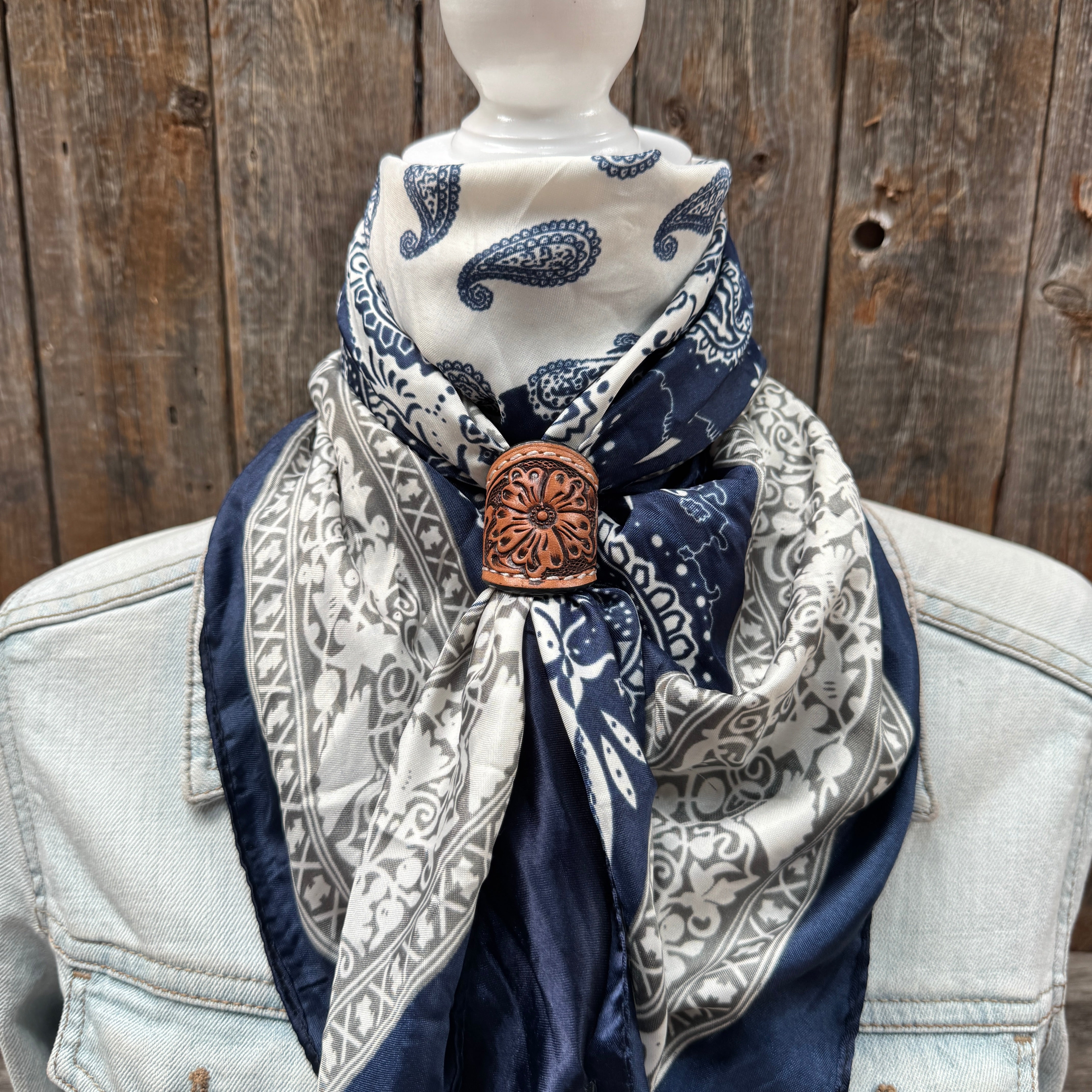 35X35" Two Tone Navy Paisley Wild Rag / Scarf WR2561 - Tooled Leather Wild Rag Slides - Assorted