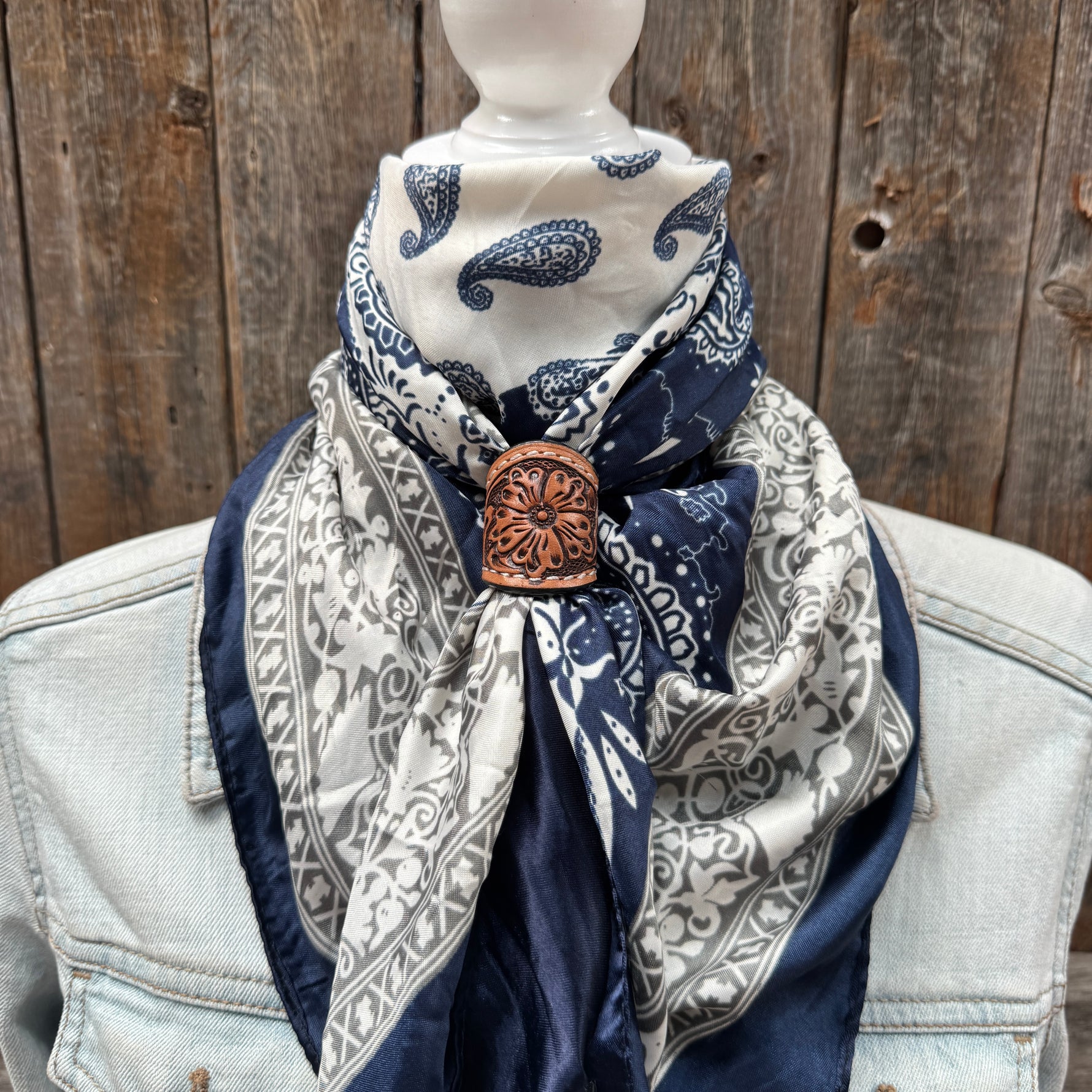 35X35" Two Tone Navy Paisley Wild Rag / Scarf WR2561 - Tooled Leather Wild Rag Slides - Assorted