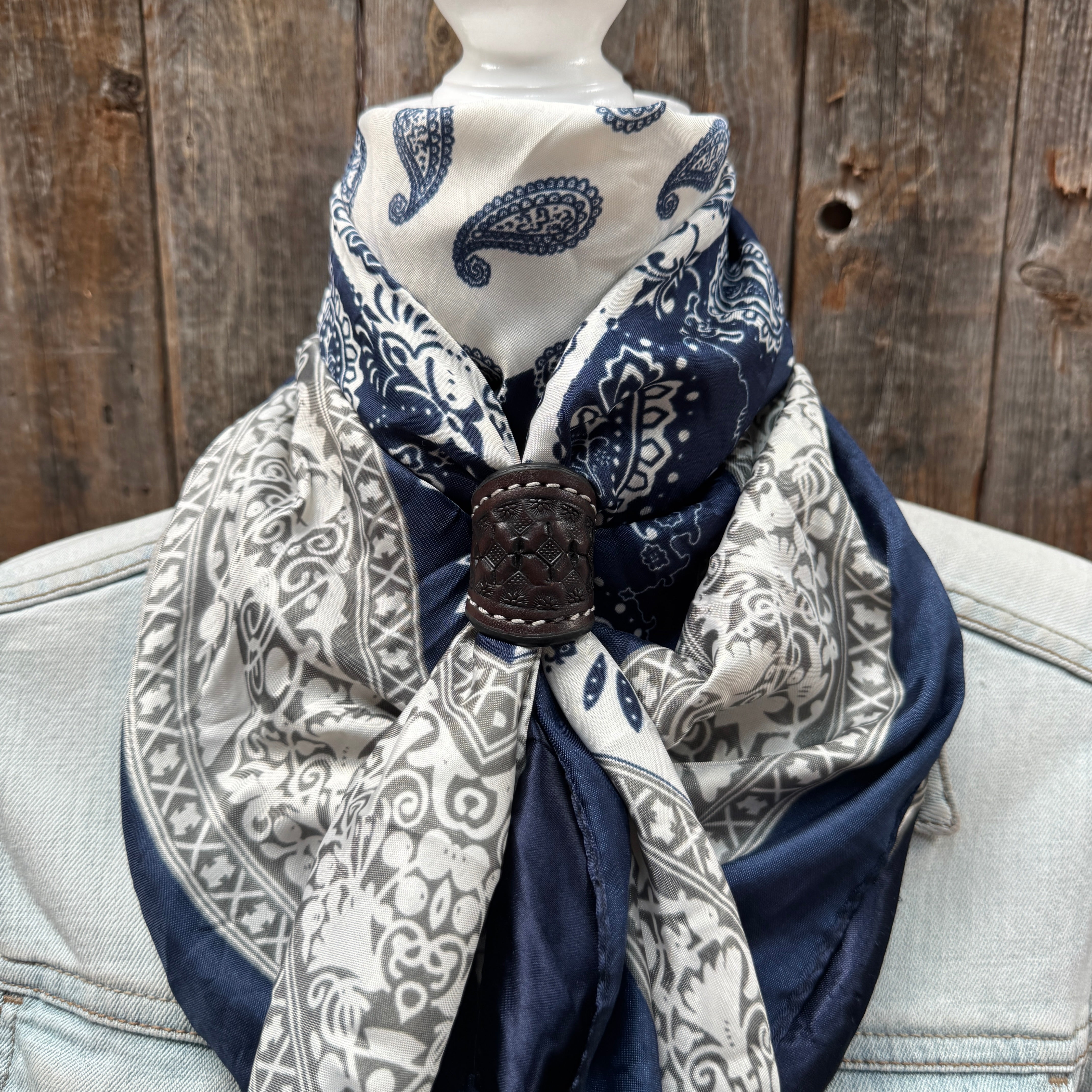 35X35" Two Tone Navy Paisley Wild Rag / Scarf WR2561 - Tooled Leather Wild Rag Slides - Assorted
