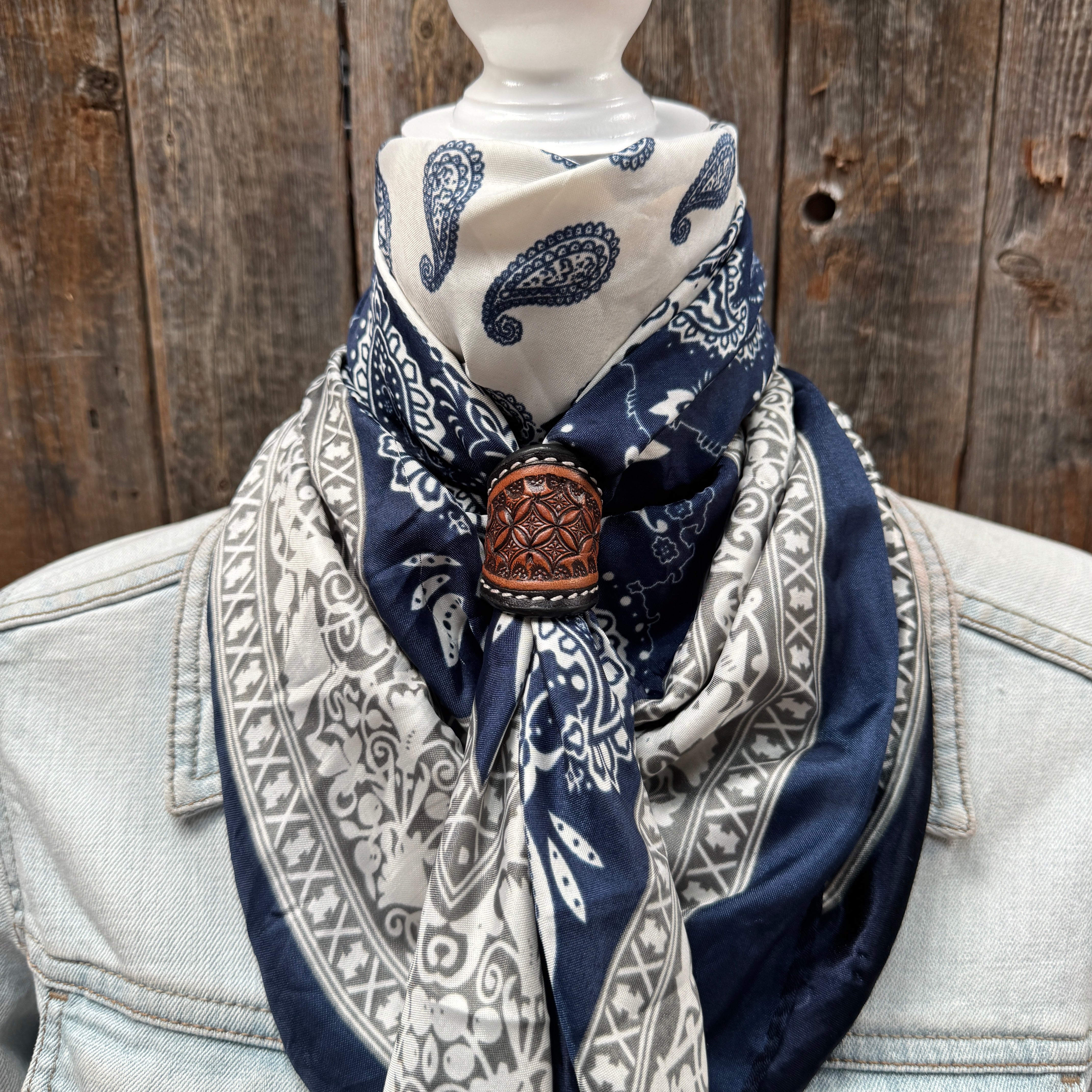 35X35" Two Tone Navy Paisley Wild Rag / Scarf WR2561 - Tooled Leather Wild Rag Slides - Assorted