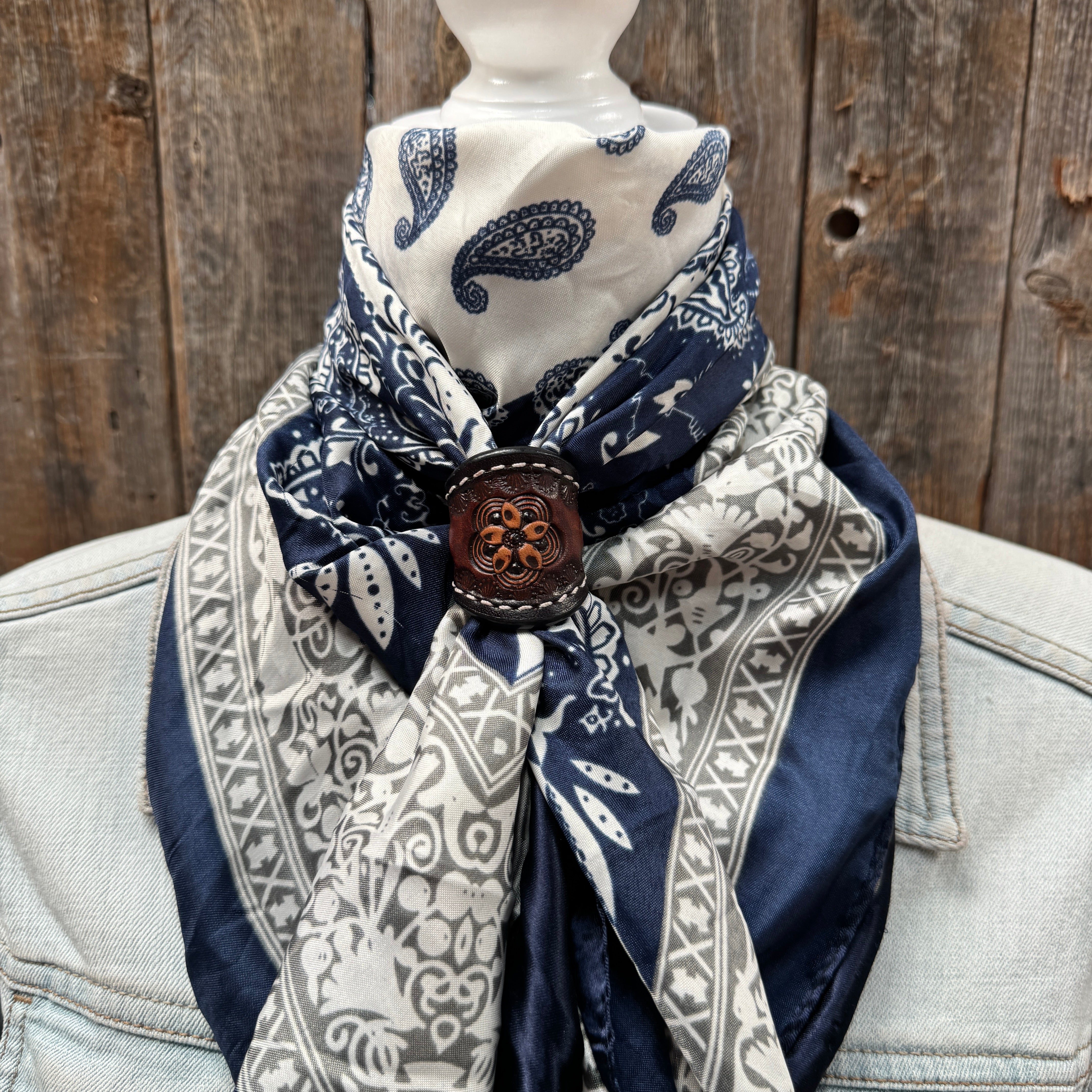 35X35" Two Tone Navy Paisley Wild Rag / Scarf WR2561 - Tooled Leather Wild Rag Slides - Assorted