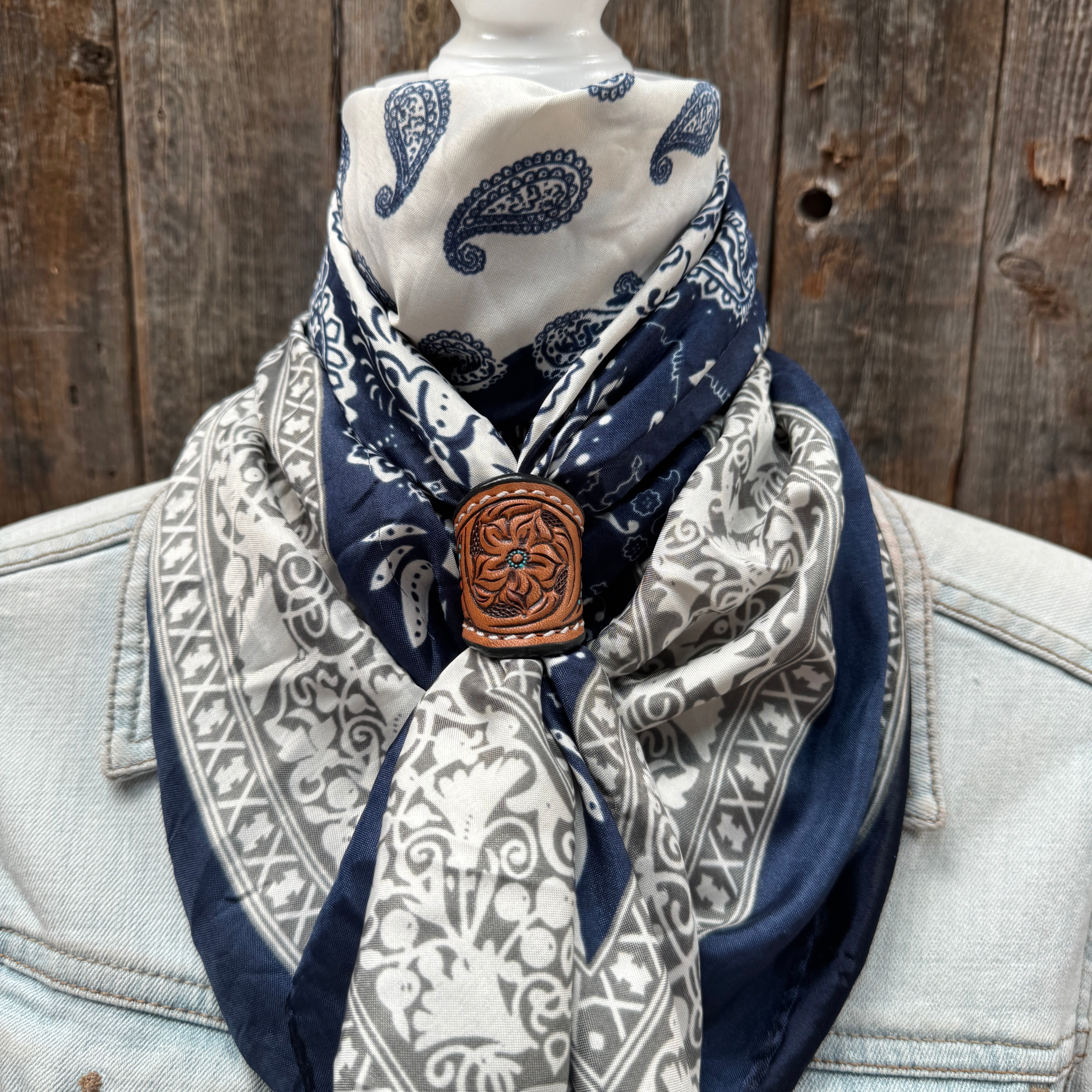 35X35" Two Tone Navy Paisley Wild Rag / Scarf WR2561 - Tooled Leather Wild Rag Slides - Assorted