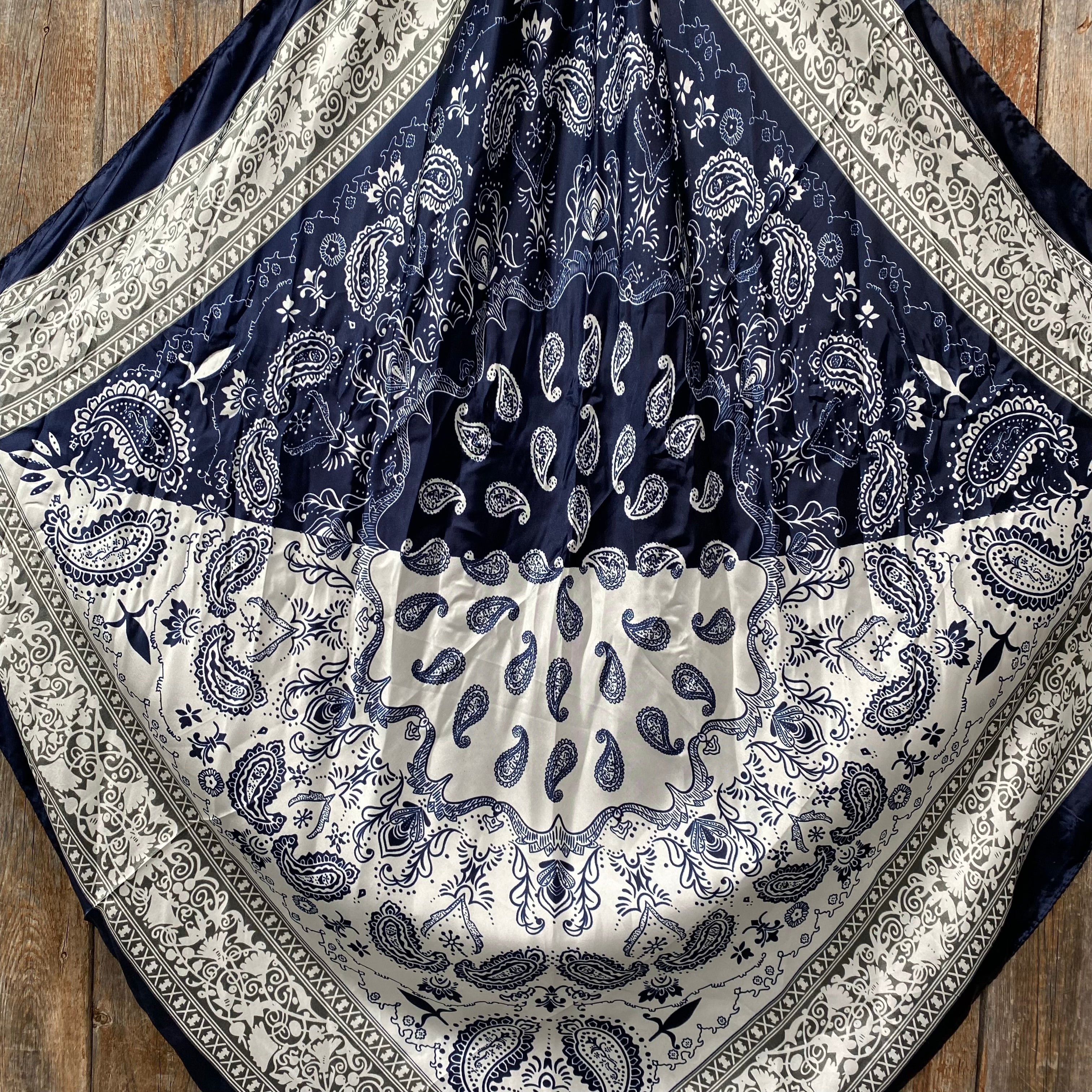 35X35" Two Tone Navy Paisley Wild Rag / Scarf WR2561 - Tooled Leather Wild Rag Slides - Assorted
