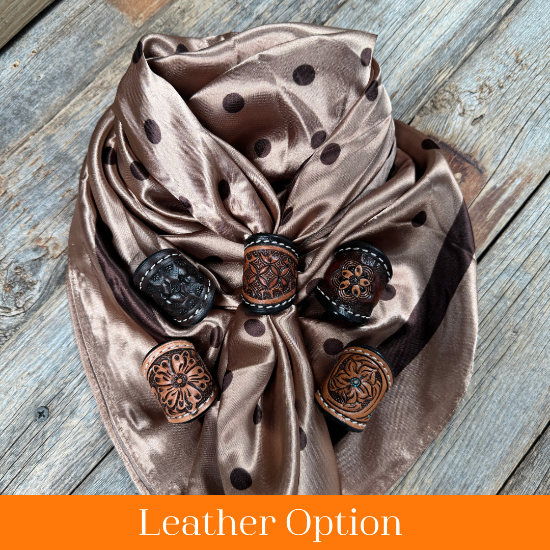 35X35" Brown Polka Dots Wild Rag / Scarf WR3054 - Tooled Leather Wild Rag Slides - Assorted