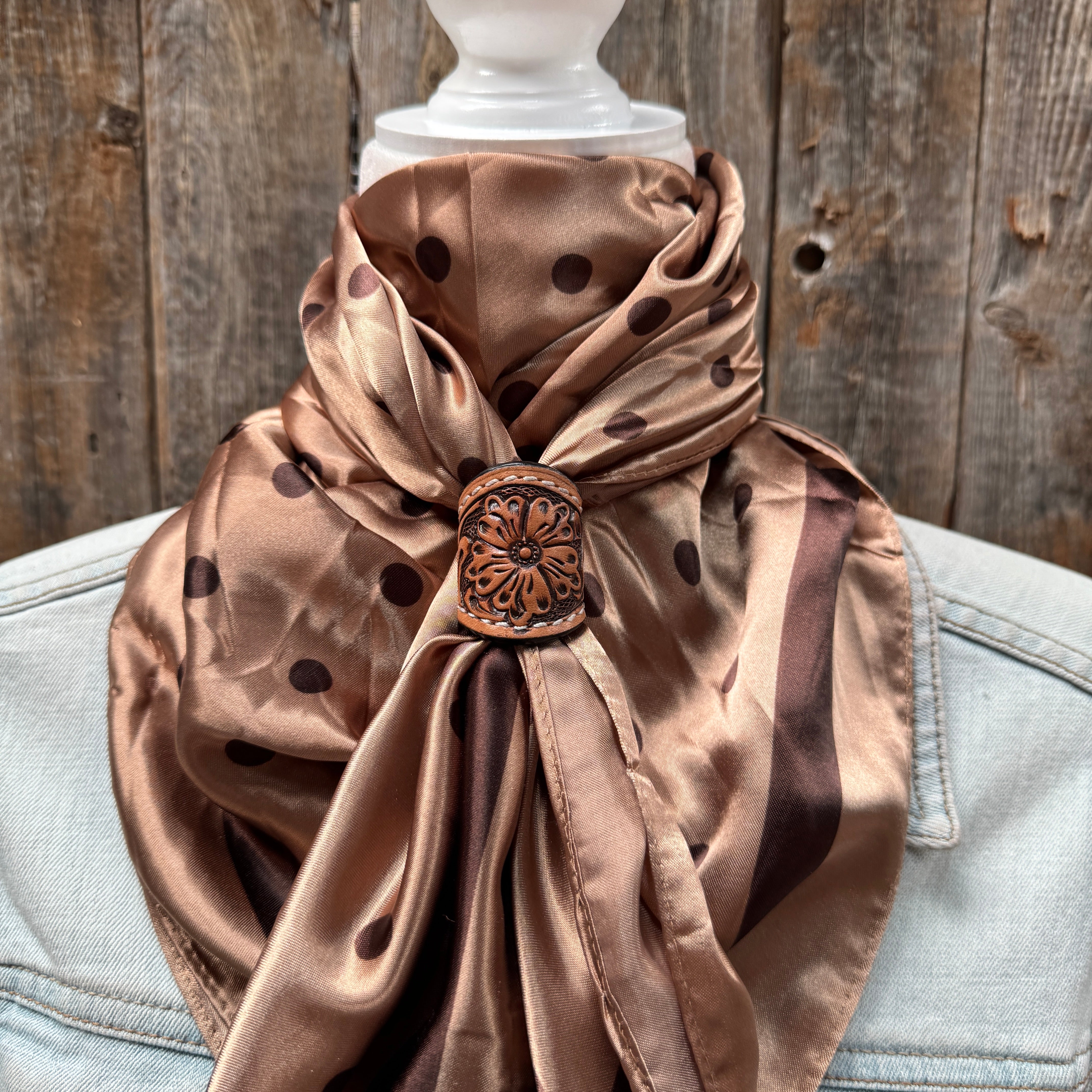 35X35" Brown Polka Dots Wild Rag / Scarf WR3054 - Tooled Leather Wild Rag Slides - Assorted