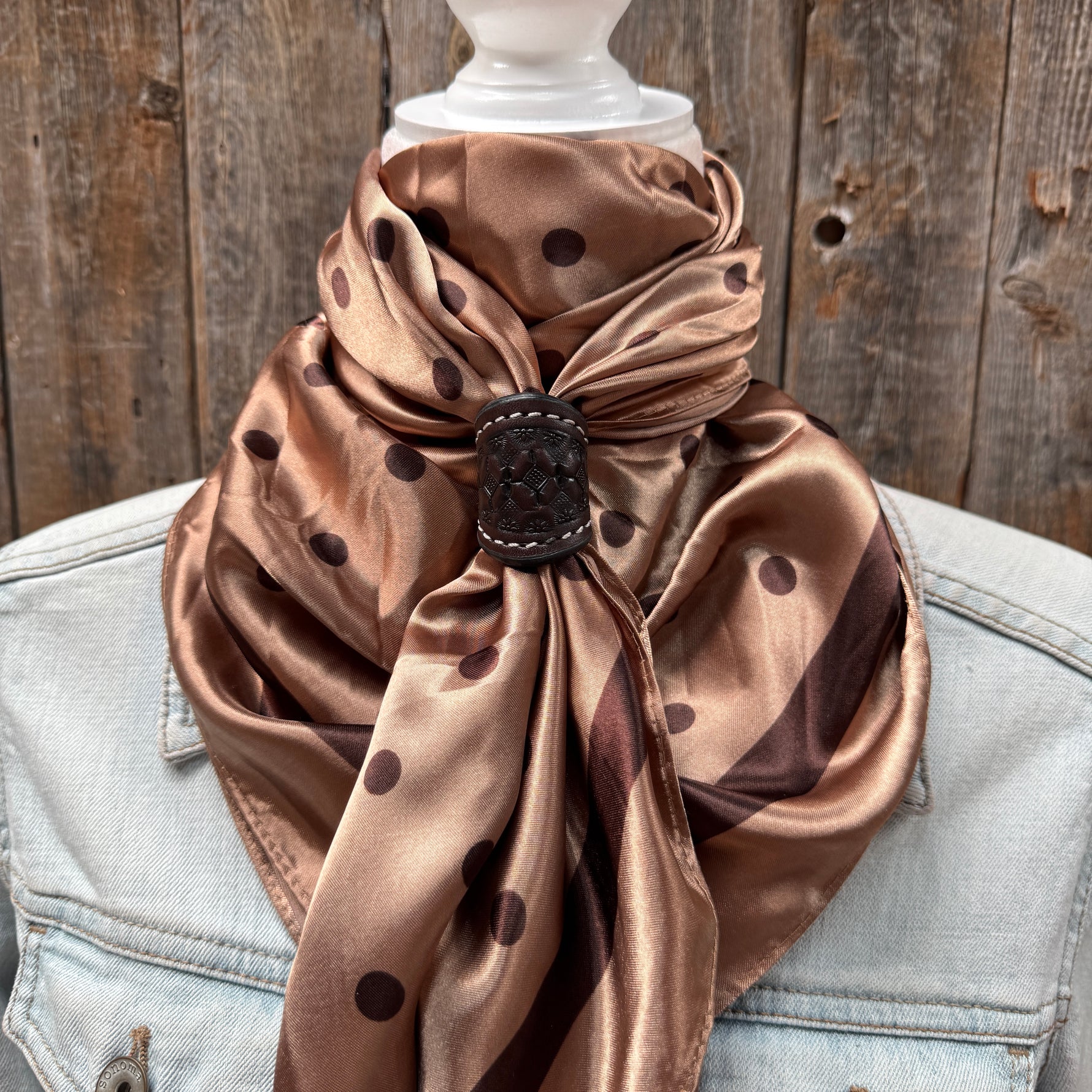 35X35" Brown Polka Dots Wild Rag / Scarf WR3054 - Tooled Leather Wild Rag Slides - Assorted