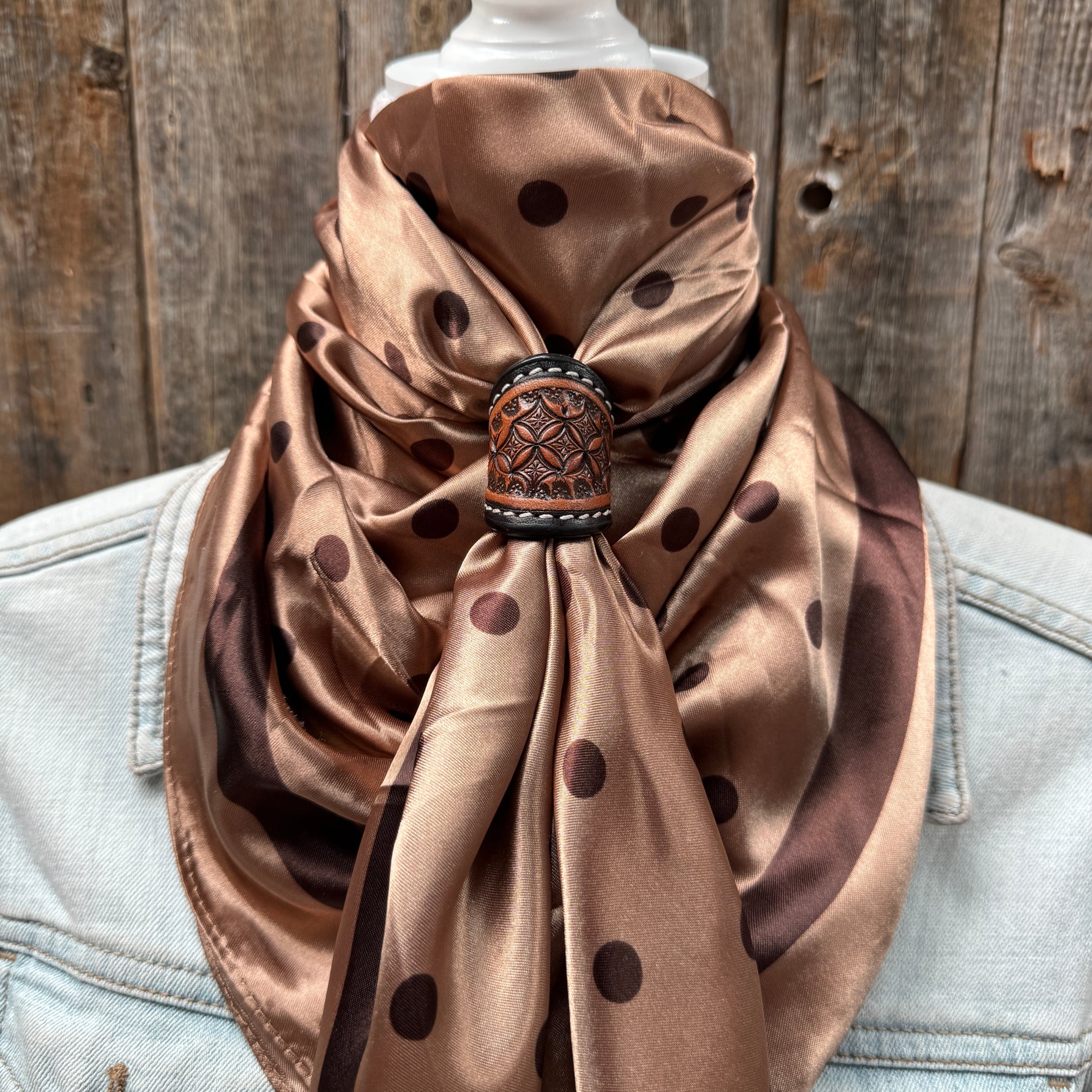 35X35" Brown Polka Dots Wild Rag / Scarf WR3054 - Tooled Leather Wild Rag Slides - Assorted