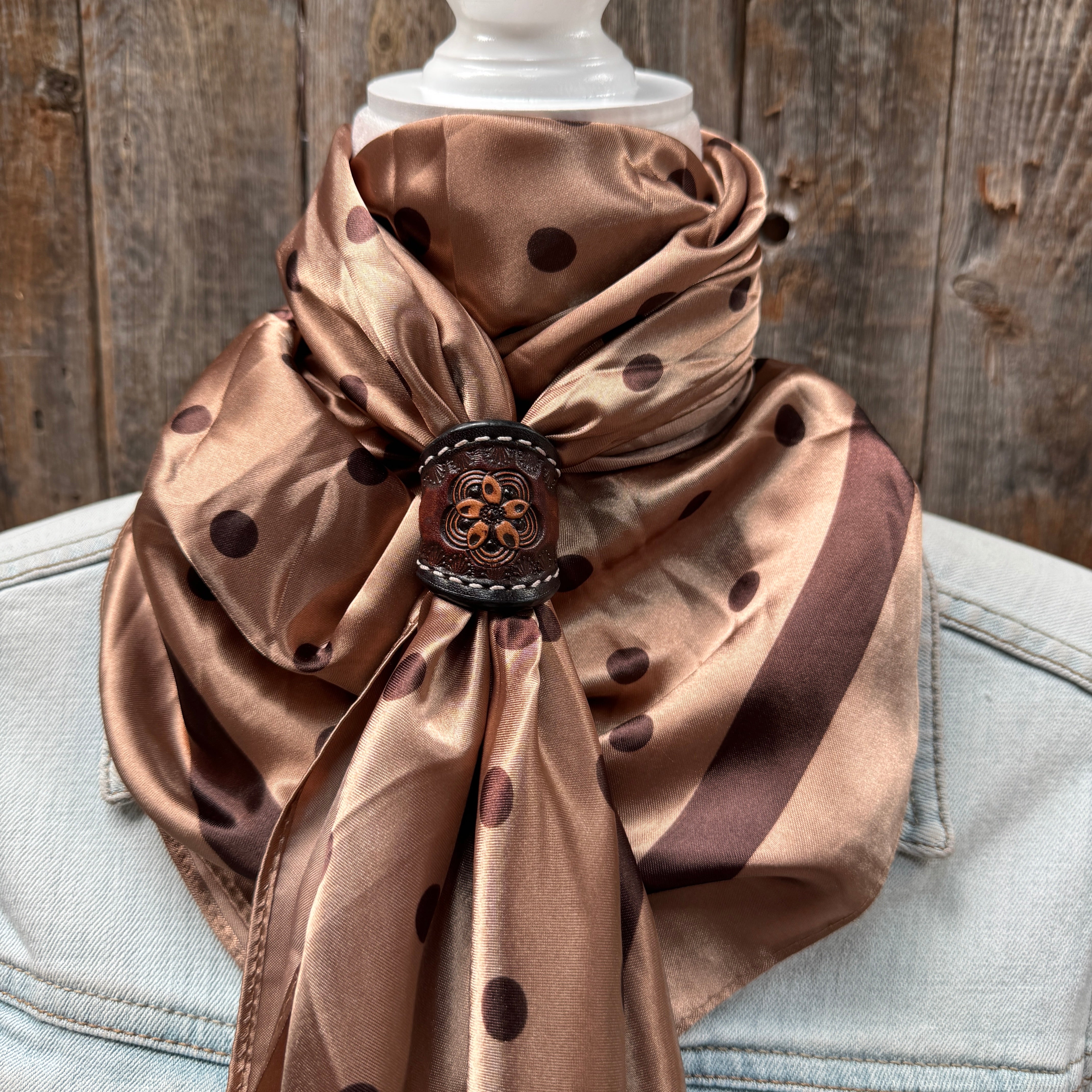 35X35" Brown Polka Dots Wild Rag / Scarf WR3054 - Tooled Leather Wild Rag Slides - Assorted