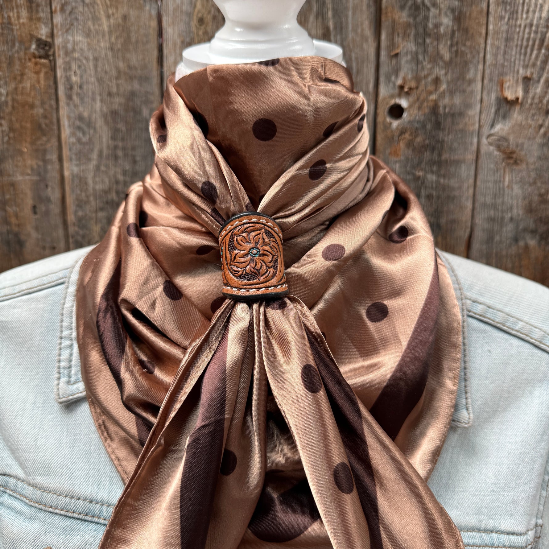 35X35" Brown Polka Dots Wild Rag / Scarf WR3054 - Tooled Leather Wild Rag Slides - Assorted