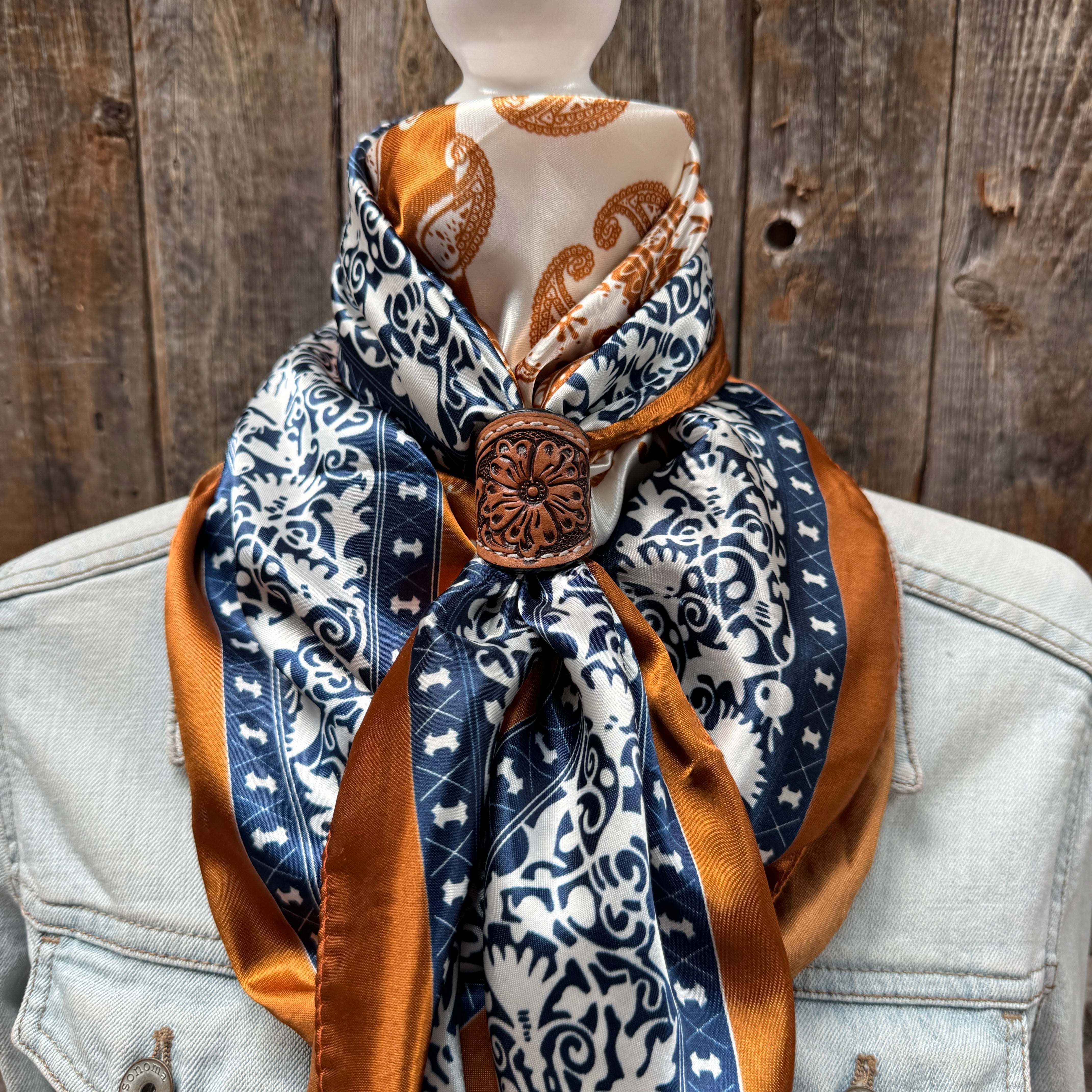 35X35" Rust & Navy Paisley Wild Rag / Scarf WR3299 - Tooled Leather Wild Rag Slides - Assorted