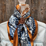 35X35" Rust & Navy Paisley Wild Rag / Scarf WR3299 - Tooled Leather Wild Rag Slides - Assorted