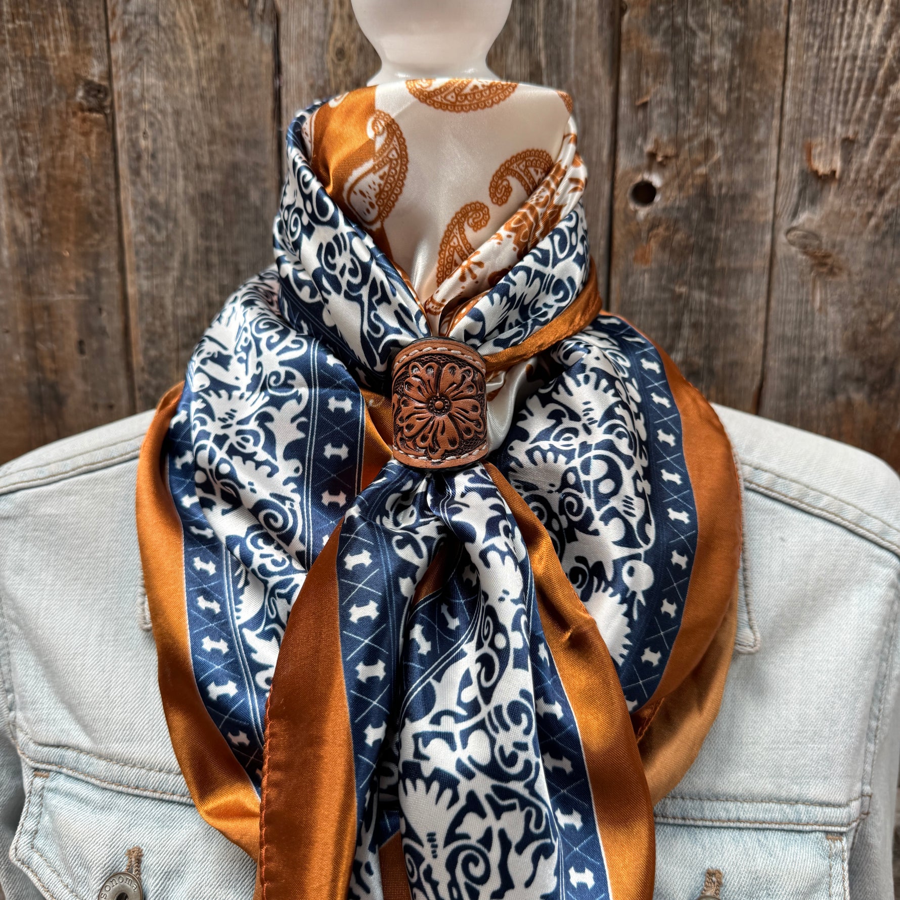 35X35" Rust & Navy Paisley Wild Rag / Scarf WR3299 - Tooled Leather Wild Rag Slides - Assorted