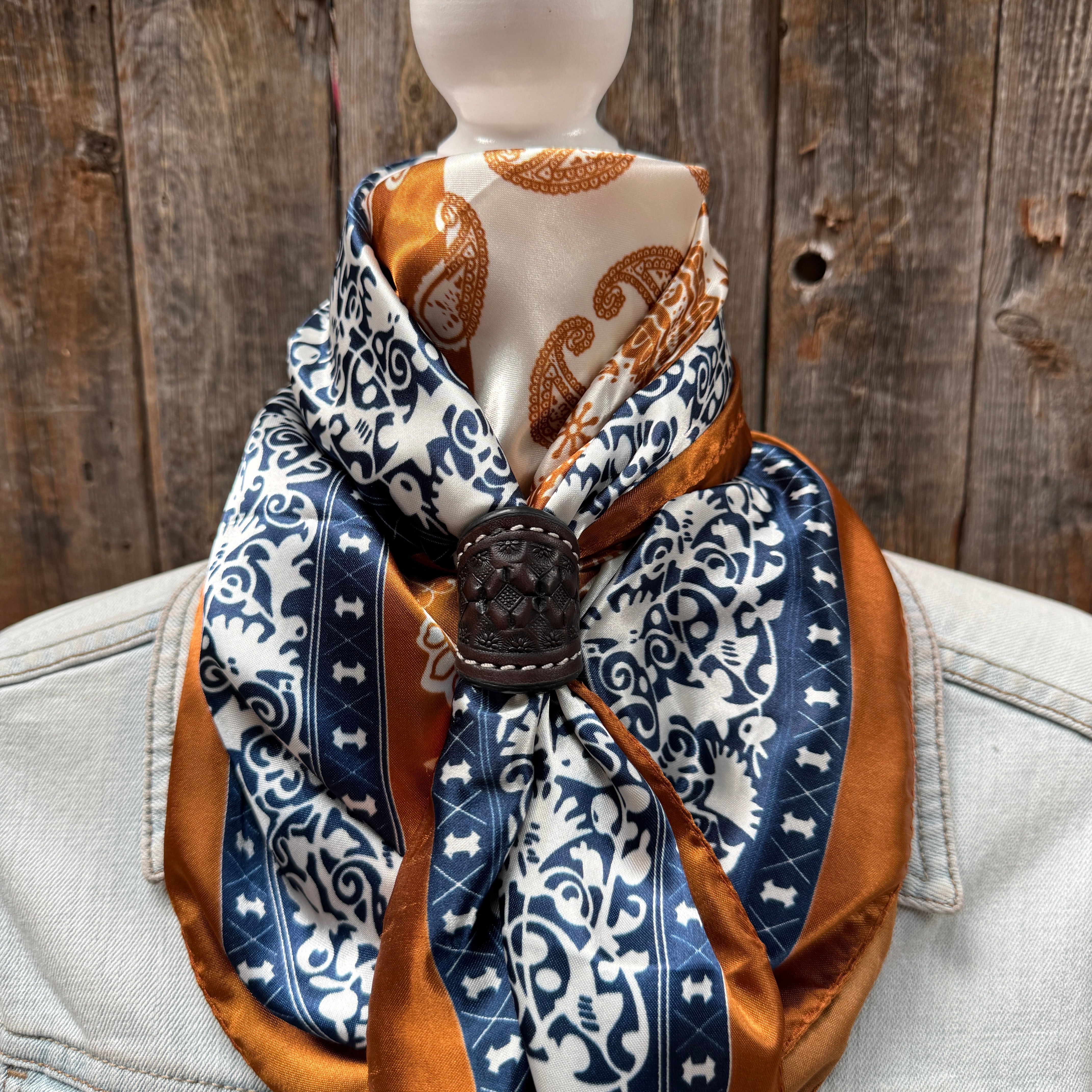 35X35" Rust & Navy Paisley Wild Rag / Scarf WR3299 - Tooled Leather Wild Rag Slides - Assorted