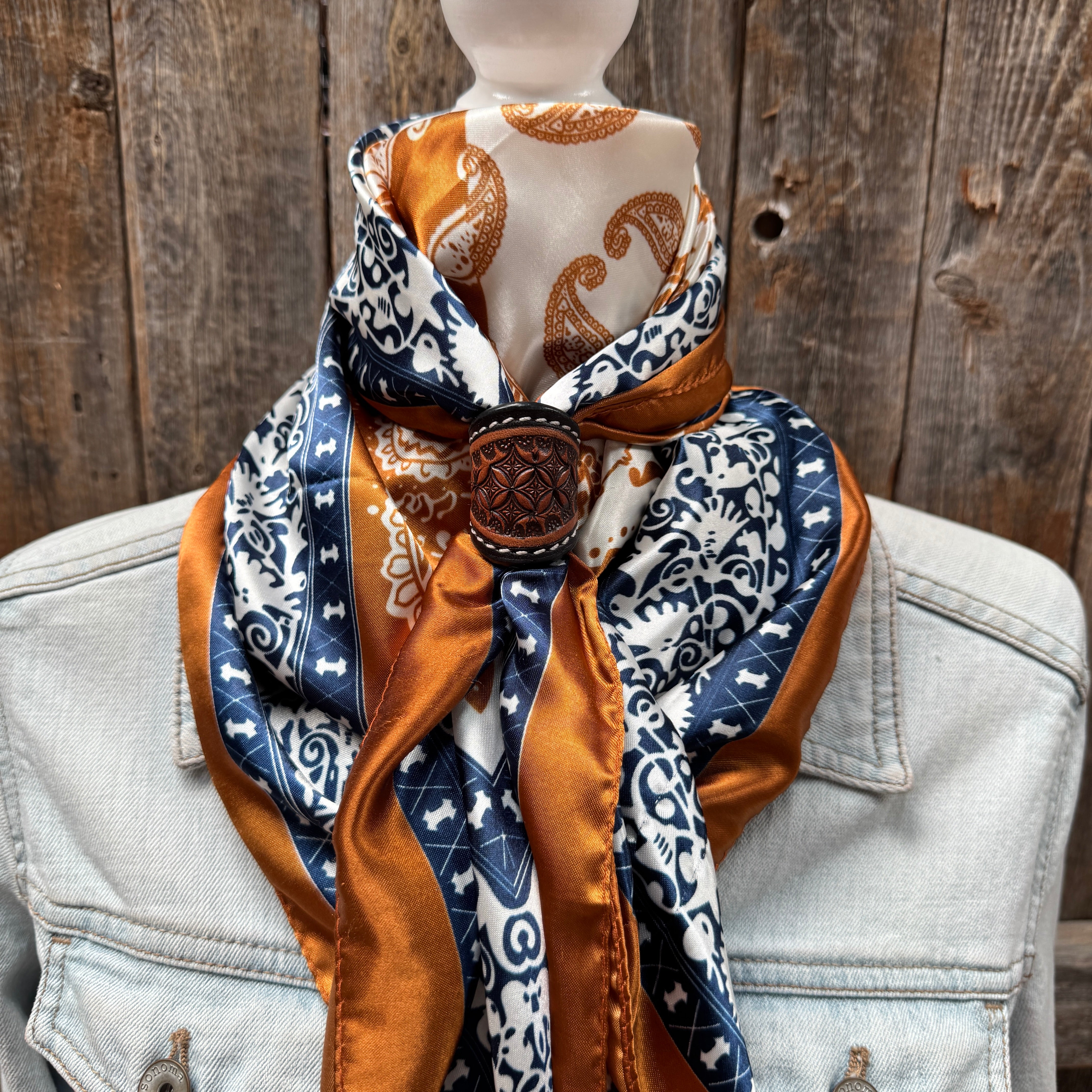 35X35" Rust & Navy Paisley Wild Rag / Scarf WR3299 - Tooled Leather Wild Rag Slides - Assorted