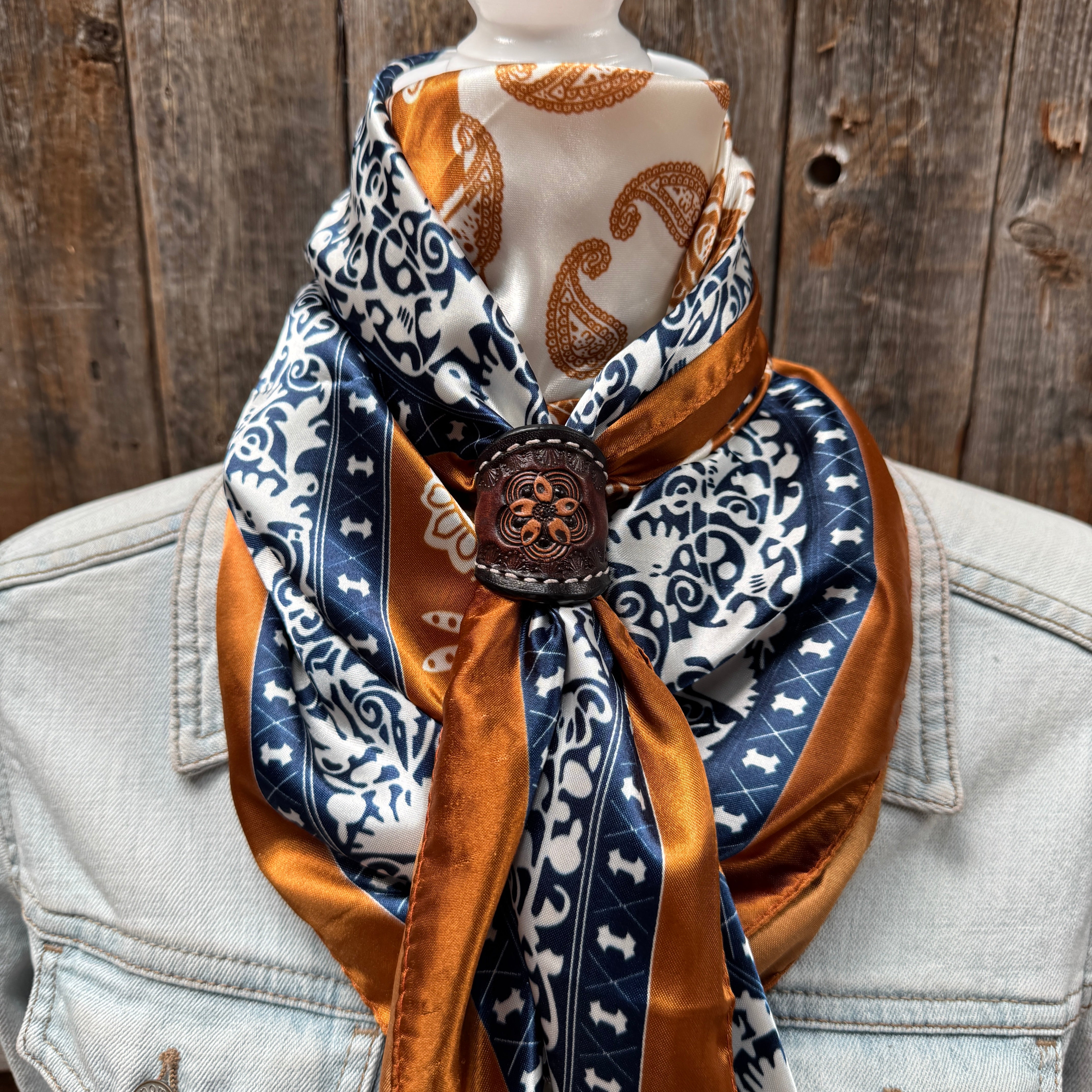 35X35" Rust & Navy Paisley Wild Rag / Scarf WR3299 - Tooled Leather Wild Rag Slides - Assorted